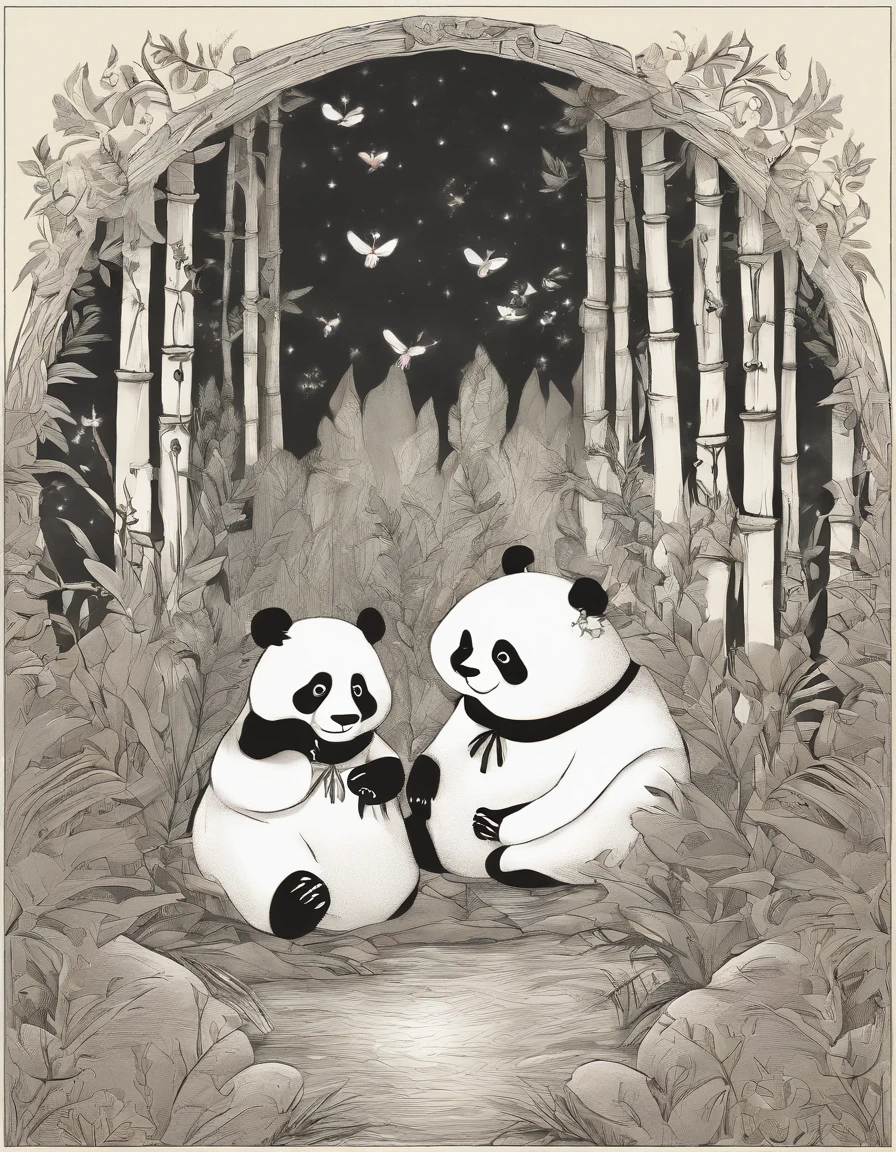 KIDS ILLUSTRATION,Silent night, Quiet bamboo forest, Bamboo leaves fall in the wind,Cute and cute giant panda cubs,fatty,Holding bamboo shoots,bamboo shoots,Full moon in the sky, fireflies flying,((oc rendered))