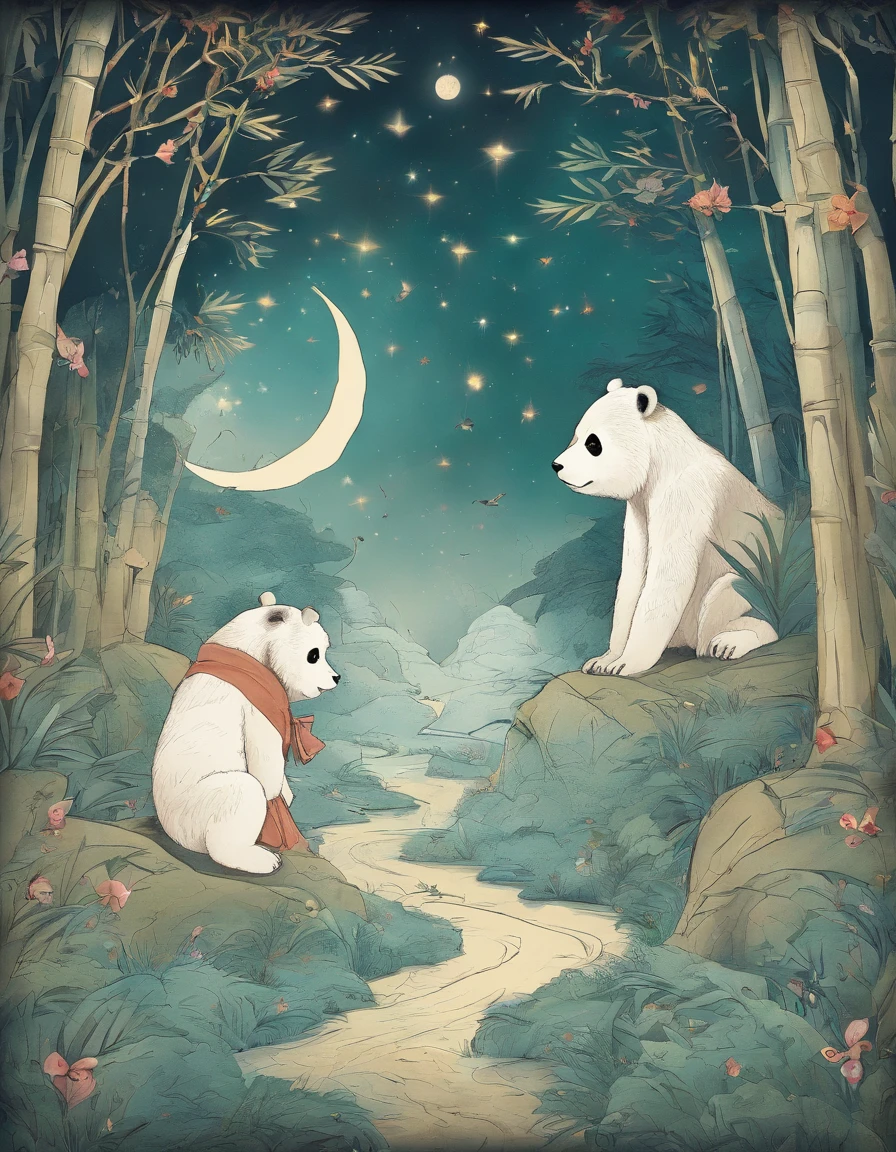 KIDS ILLUSTRATION,Silent night, Quiet bamboo forest, Bamboo leaves fall in the wind,Cute and cute giant panda cubs,fatty,Holding bamboo shoots,bamboo shoots,Full moon in the sky, fireflies flying,((oc rendered))