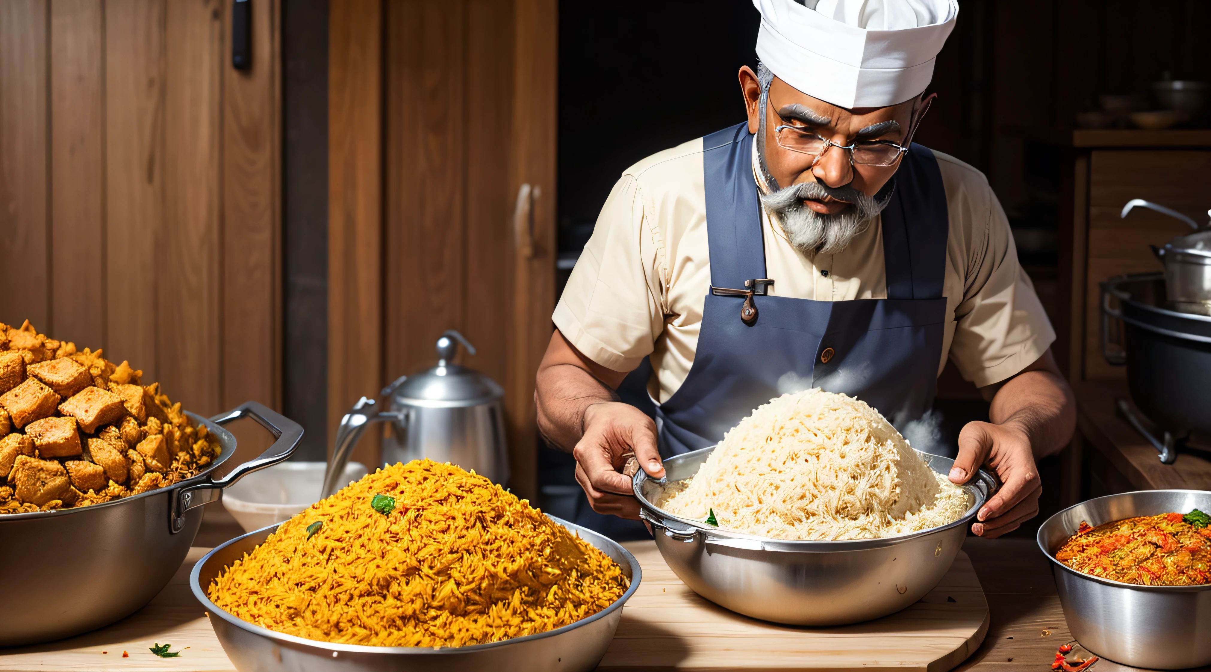 indian spicy chicken briyani making on traditional old man