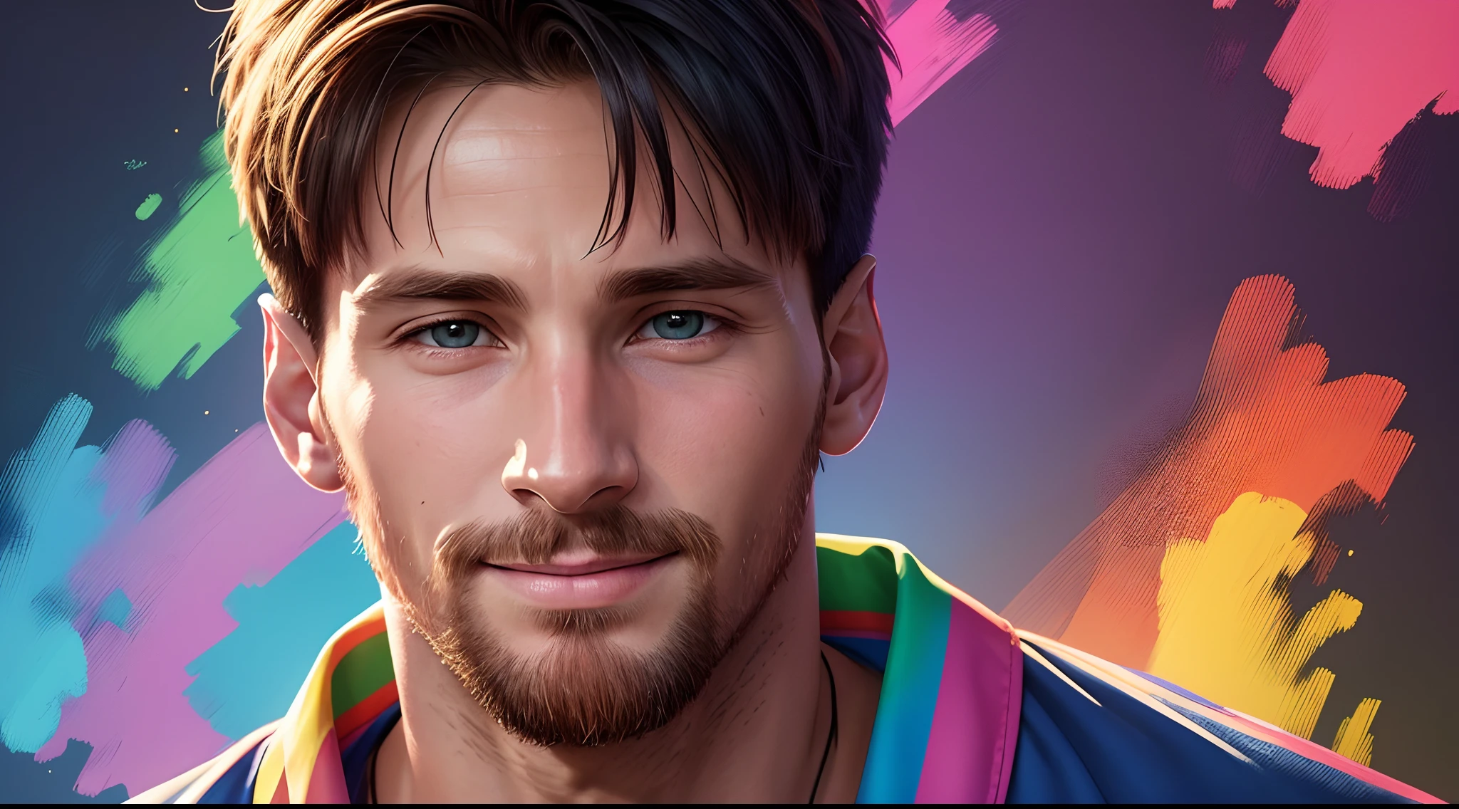 "Messi smiling picture is a real masterpiece with masculine beauty, perfect anatomy. Olpntng style, colorful rainbow, t-shirt design, clean design, epic Instagram, artstation, full of color paint streaks, wlop, contour. When you look at his beautiful eyes, you will see clearly every small detail and perfect line, every detail on the skin is beautiful in 8K quality , people will be captivated by the confidence radiating from every look. The face is drawn meticulously in every detail with 8K image quality.''