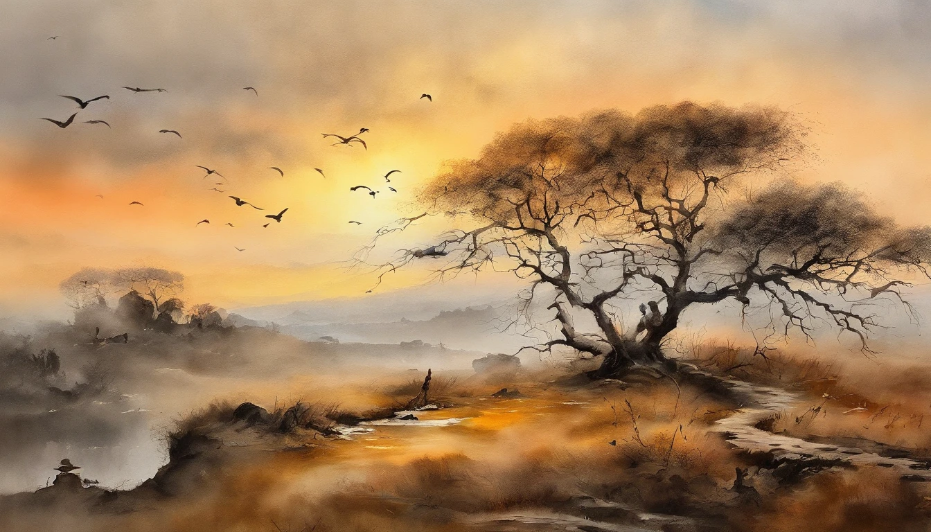 RAW photo of the landscape,Dead vines, old trees, and crows,Small bridges and flowing water,Ancient road west wind thin horse,Sunset,Broken intestines are at the end of the world,Inspired by the Tang dynasty poet Ma Zhiyuan,small detailed,realisticlying,ultra real photo,8K UHD,Digital SLR,softlighting,high high quality,filmgrain,Fujifilm XT3,(tmasterpiece)