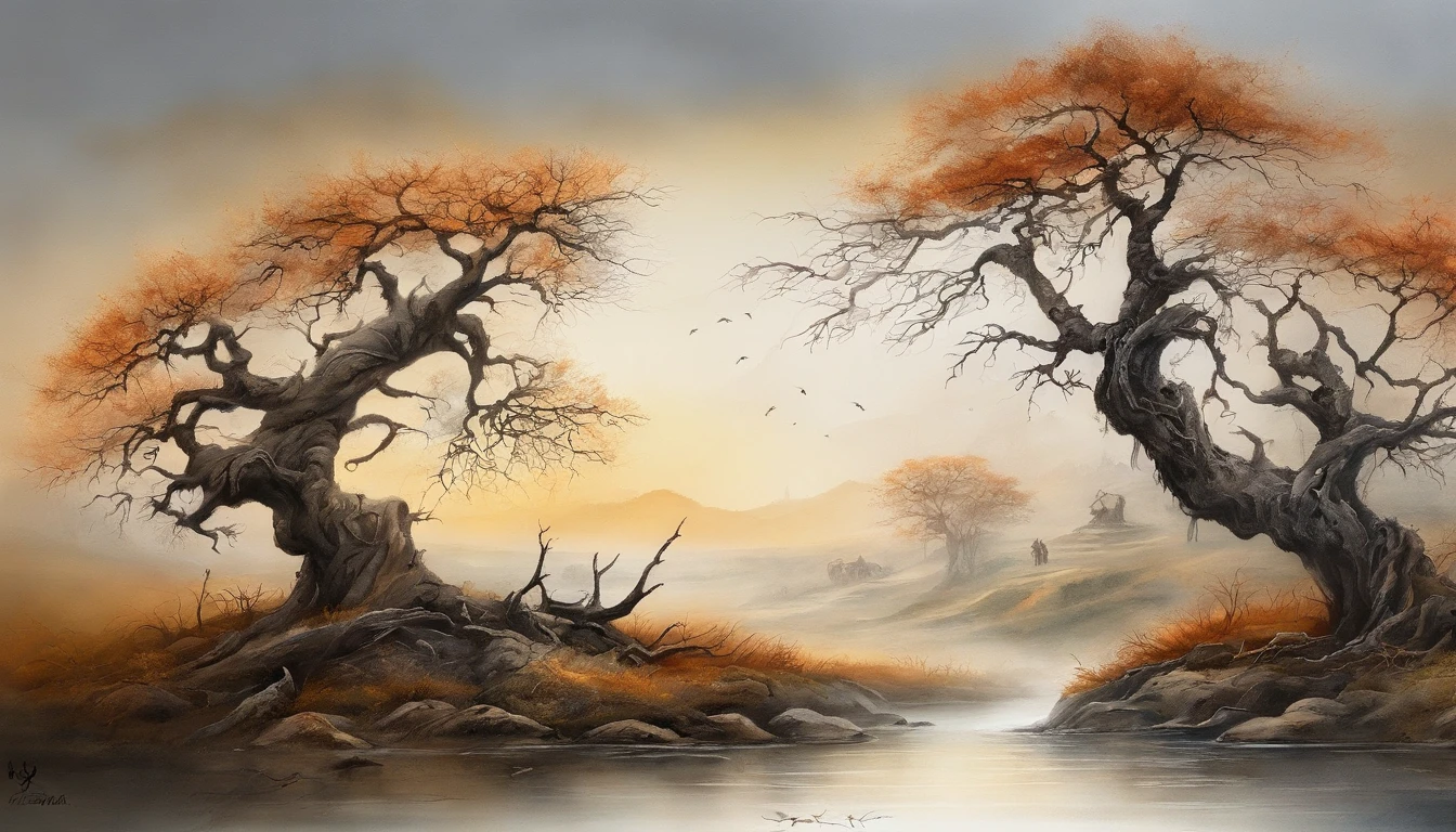 RAW photo of the landscape，Dead vines, old trees, and crows，Small bridges and flowing water，Ancient road west wind thin horse，Sunset，Broken intestines are at the end of the world，Inspired by the Tang dynasty poet Ma Zhiyuan，small detailed，realisticlying，ultra real photo，8K  UHD，Digital SLR，softlighting，high high quality，filmgrain，Fujifilm XT3，（tmasterpiece）