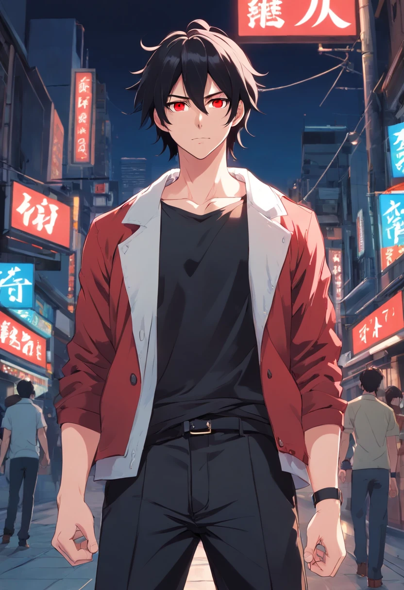 A two-meter muscular 20-year-old guy with pale skin, long black hair and red eyes, dressed in black pants, tight T-shirt in matte black, a white overcoat and similar to Dio Brando. Sukuna tattoo