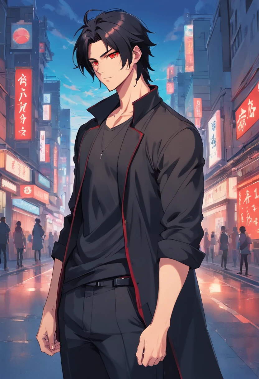 A two-meter muscular 20-year-old guy with pale skin, long black hair and red eyes, dressed in black pants, tight T-shirt in matte black, a white overcoat and similar to Dio Brando.  Sukuna tattoo