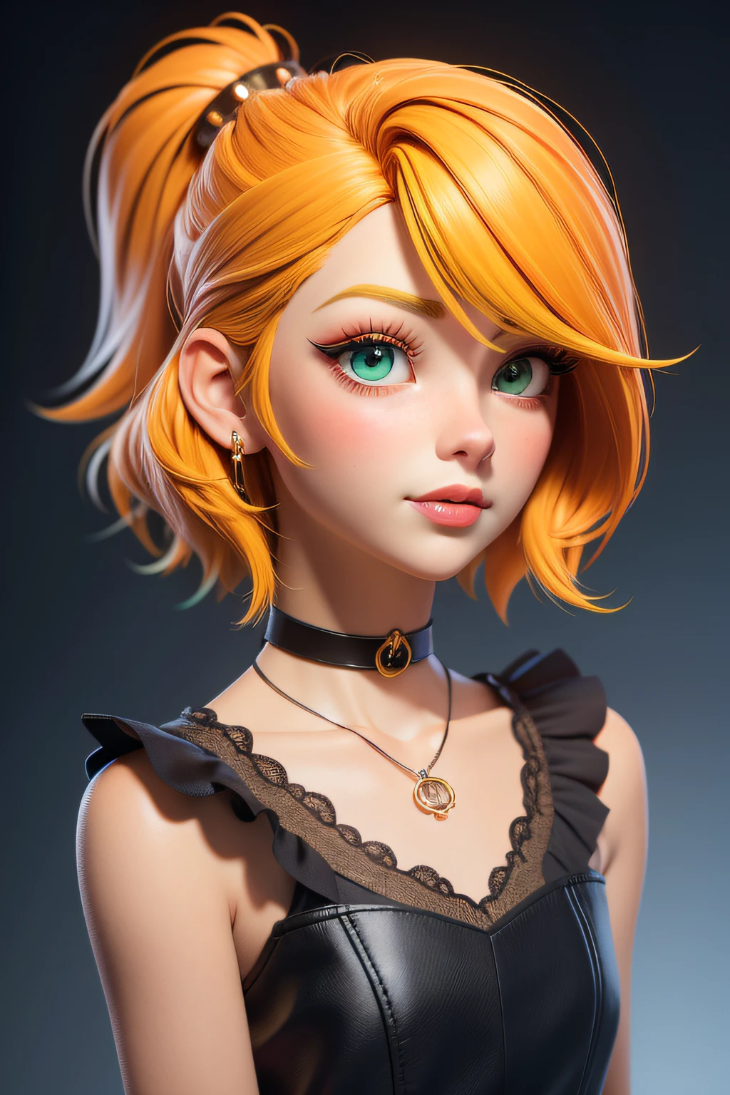 tmasterpiece, best qualityer, 。.。.3d rending work, 。.。.3DMM style, Close-up, sportrait, 。.。.3D, 1girll, Solo, multicolored hair, yellow  hair, orange color hair, choker necklace, freckle, jewely, two tone color hair, looking off to the side, realisticlying, full bodyesbian, Clear the simple background, rim, looks away, short  hair, separated-lips, greene eyes,gotik, choker necklace, putting makeup on, dress in yellow