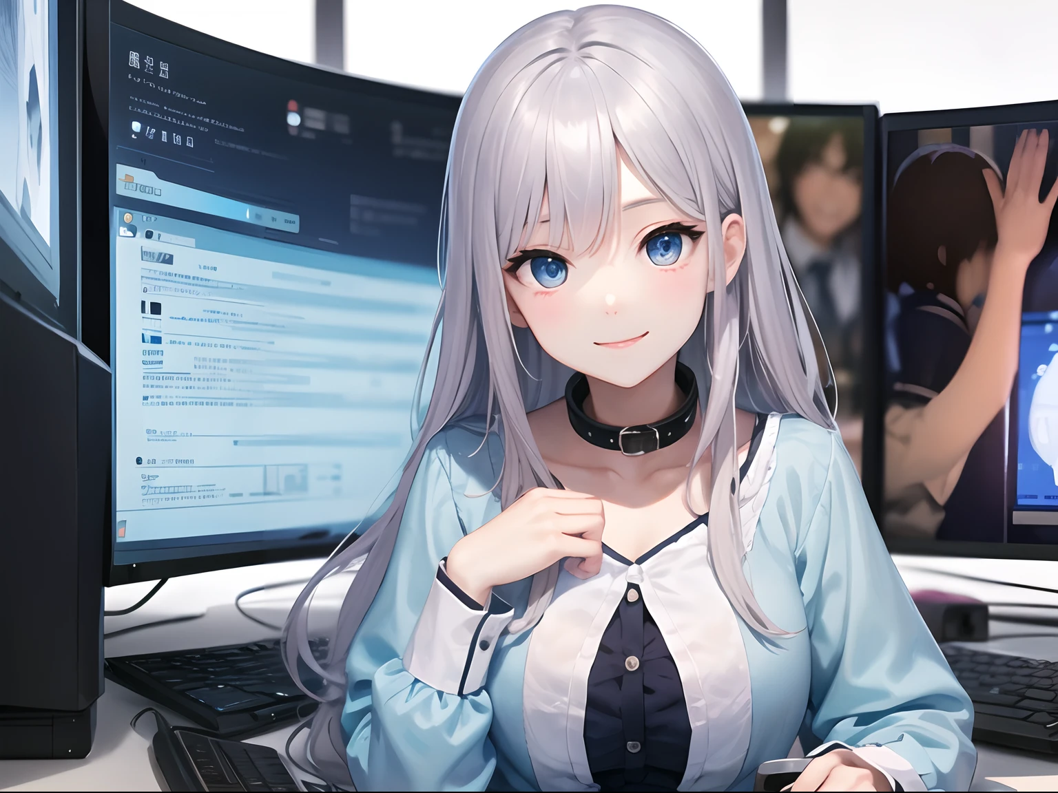 during daytime、s Office、Adult woman in anime using big screen desktop computer、25-years old、Upper body, mid-shot, femele, Detailed eyes, ((One giant monitor in the background)), ,Semi-long hair, Silvery head hair, Bangs,Blouse with collar in blue color、Fashionable、Long sleeves,、frontage、 Smiling smile、