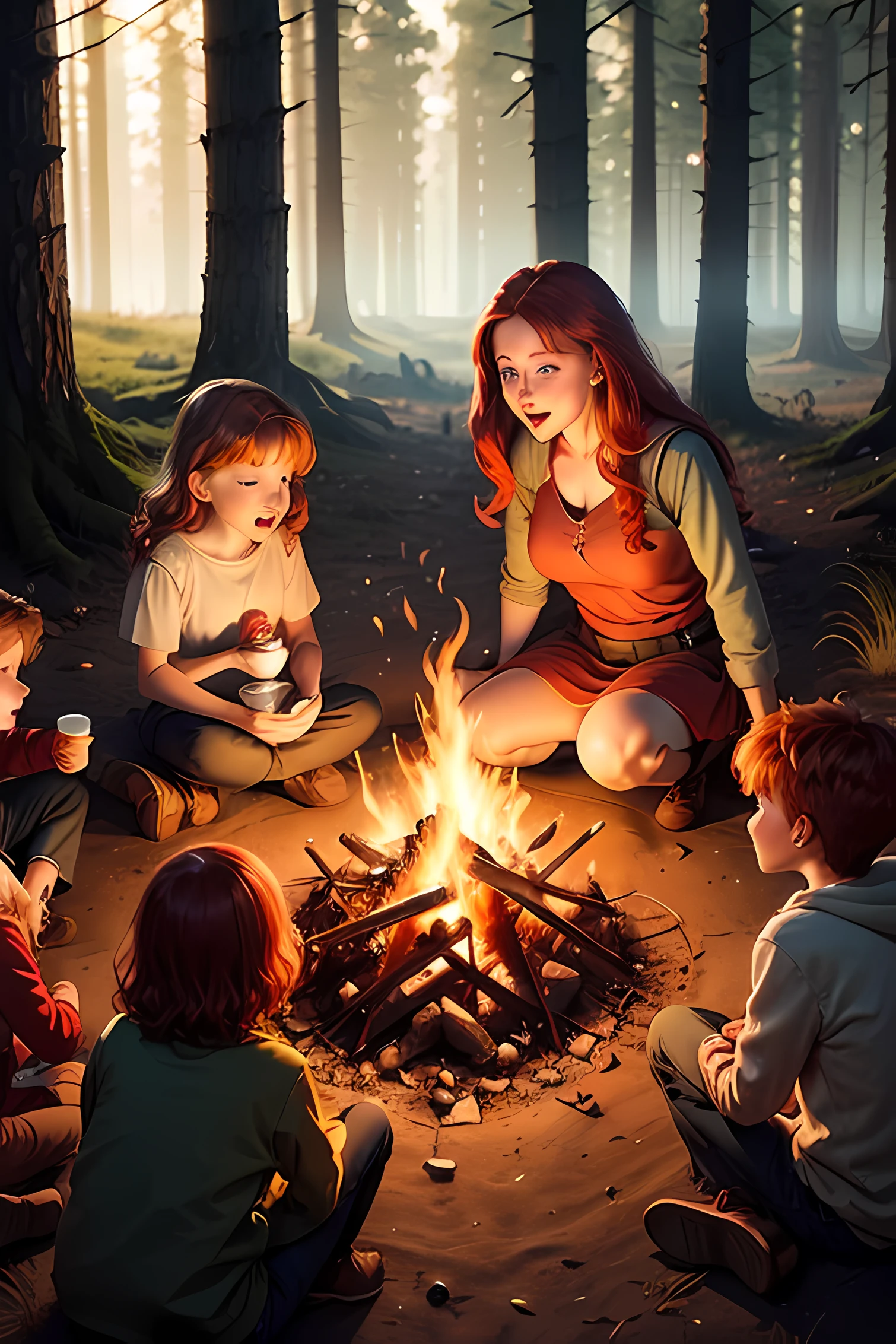 Create a young red-haired woman telling stories at the campfire to four children.