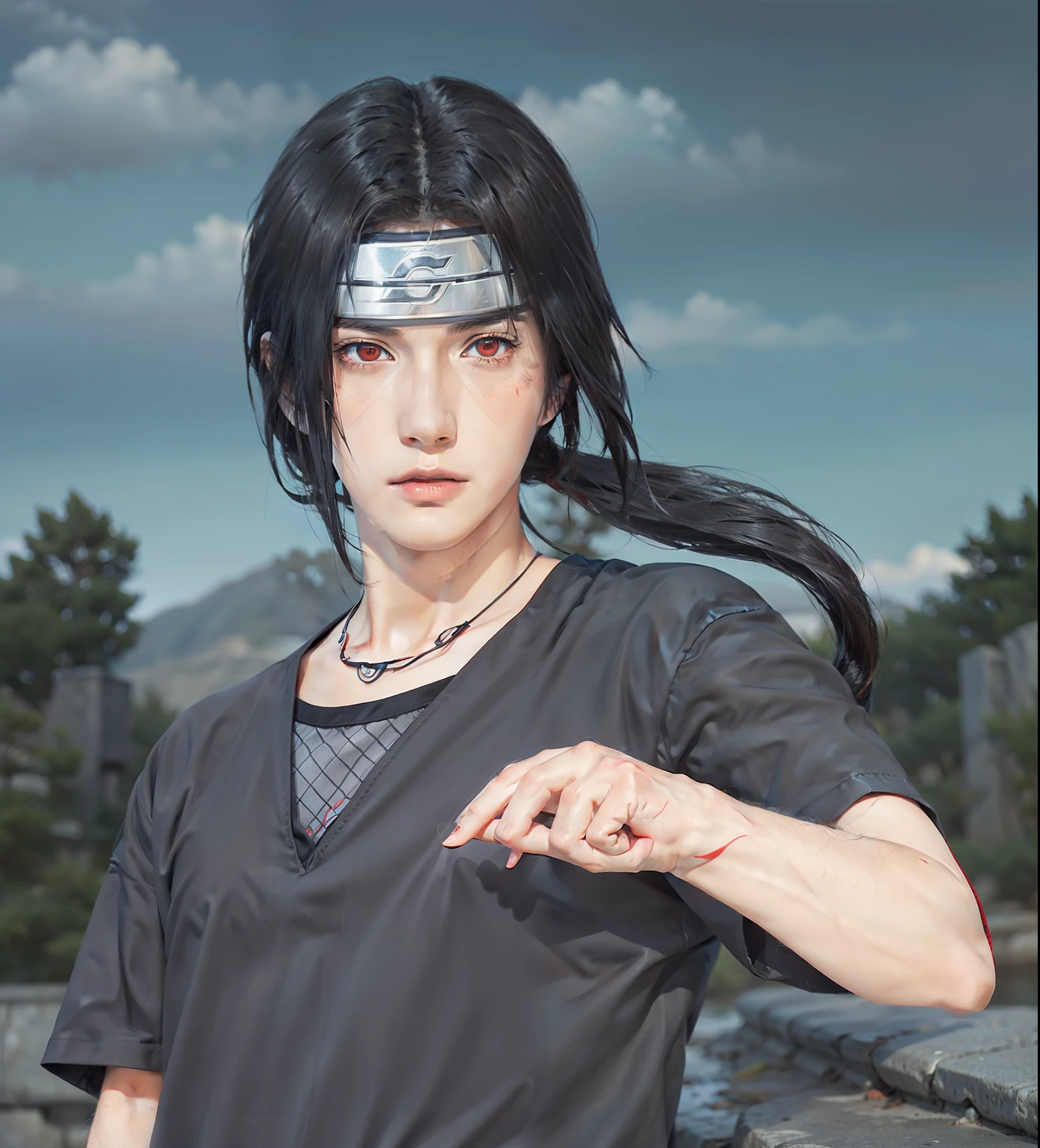 1man, uchiha itachi in anime naruto, long hair , black hair, red eyes, handsome, grey clothes, realistic clothes, detail clothes, outdoor background, ultra detail, realistic