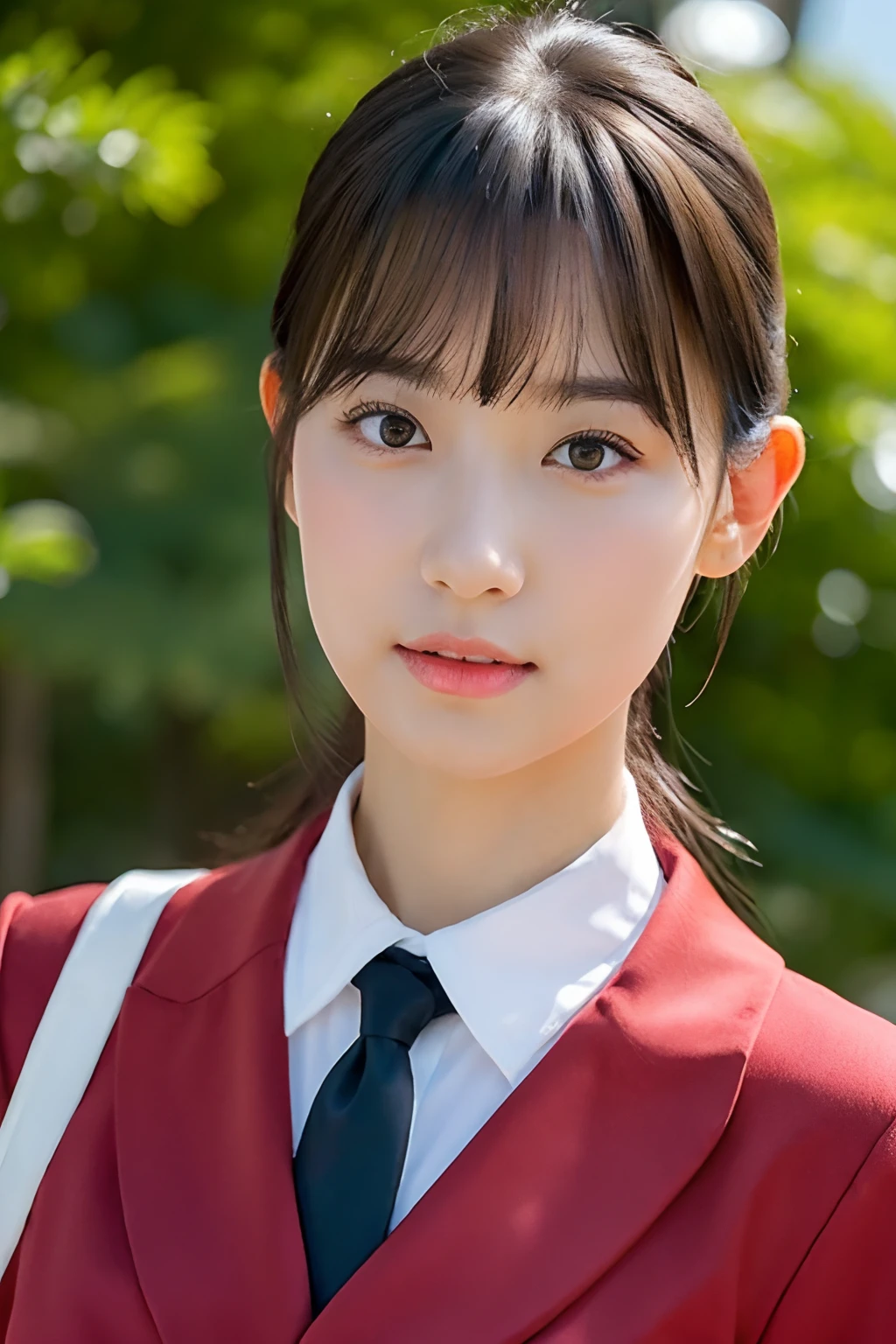 Japan school uniform, a closeup, wide angles, low angles, peitos fartos, Brown hair, looking at the viewers, portlate, 耳Nipple Ring, ear phone, hi-school girl, Fabric Pleated Skirt, neck tie, Black Suit, Red suit, a sailor suit, Posing Black Eye, unparalleled masterpiece ever, Ultra realistic 8K CG, Clean and beautiful face, Glossy skin, Skindentation, top-quality, 超A high resolution, Photorealsitic, ((Look at viewers))