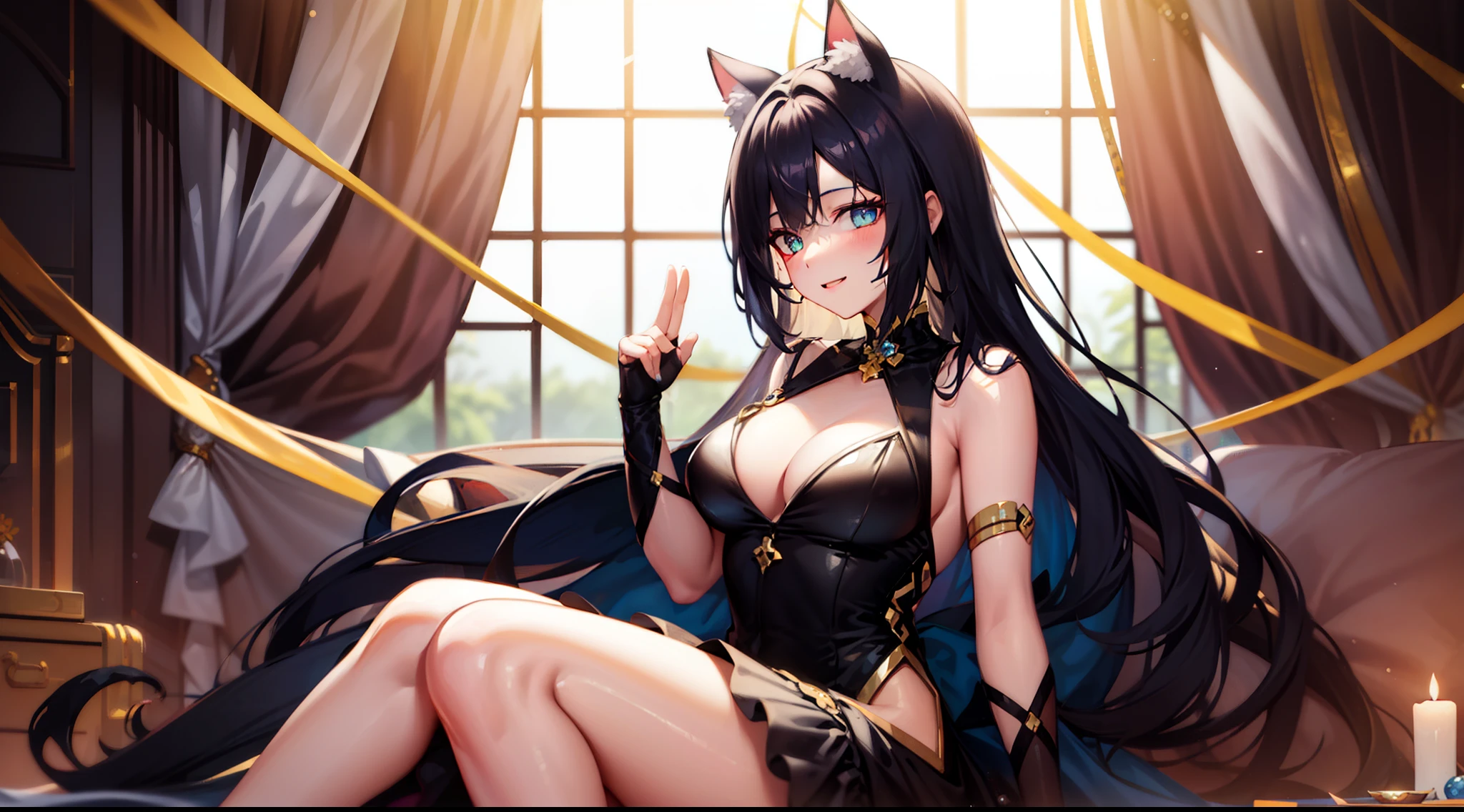 beautiful girl, with long black hair, heterochromia (blue/yellow), sweet smile, (very happy appearance), black dress, looking forward, with black and gold angel wings and a cat ear tiara, in the background of her looking like this inside a white and gold castle