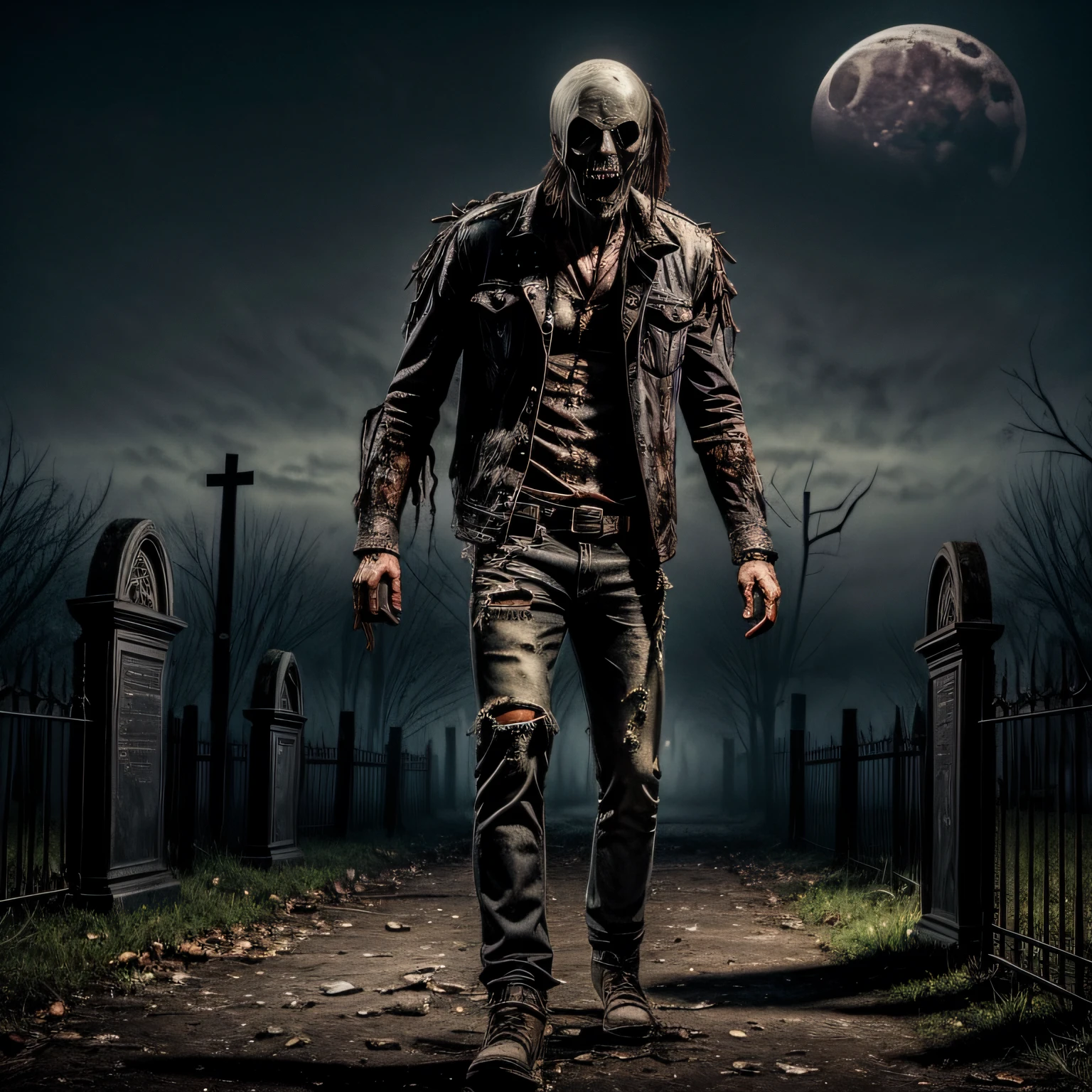 (((Full body))) Rotting corpse zombie walking in a graveyard. Tattered and torn clothing, eyeball hanging out of eye-socket. Dark + Foggy + Crescent Moon + Scattered bones + Hyper-detailed + Hyper-realistic. Scary+++ Anatomically correct+++