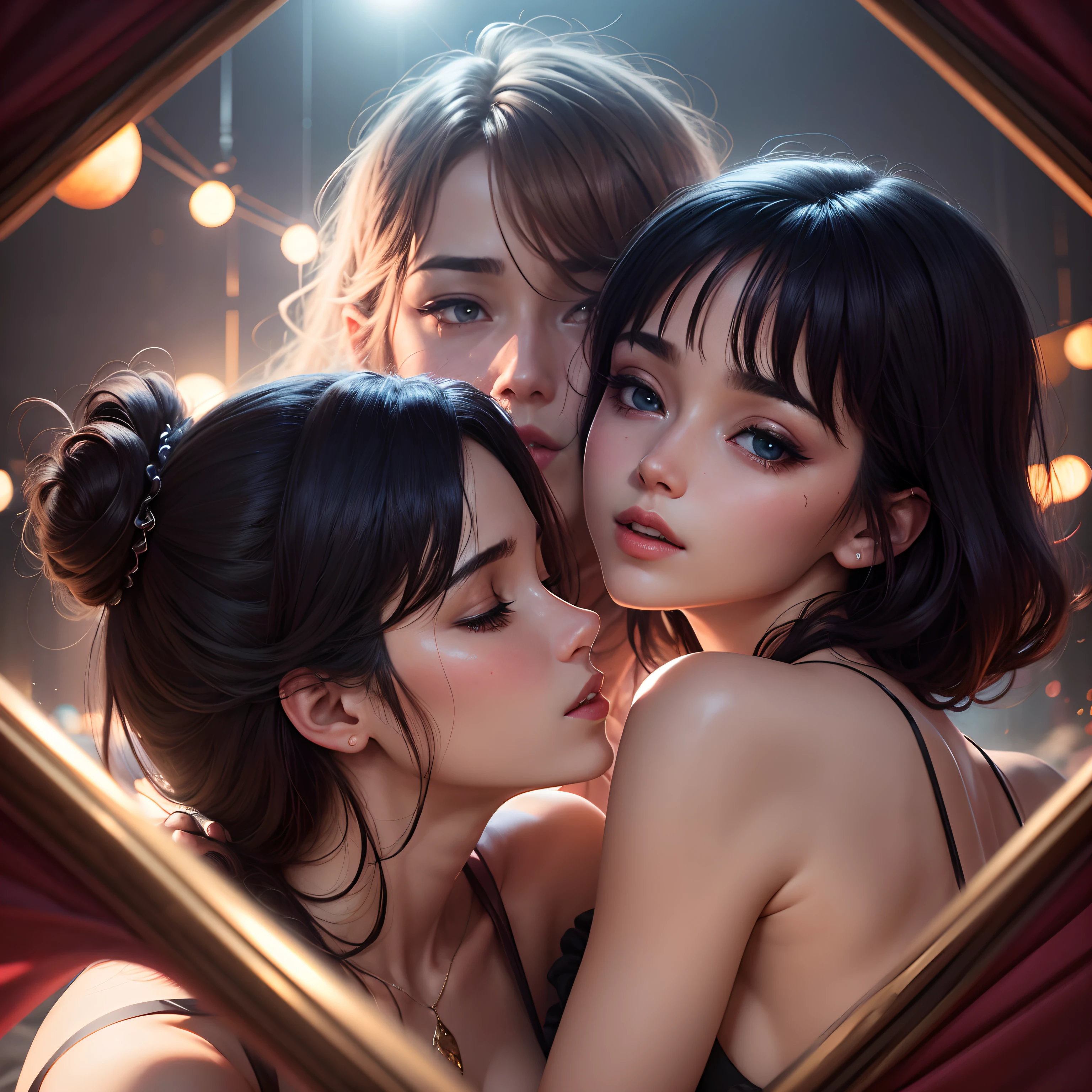 {Three women kissing}, ((corpos detalhados)), ((rostos detalhados)), ((peitos grandes)), ((bundas grandes)), imagem perfeita, 8k, beautiful asian women, ((mamilos expostos)), ((virilhas expostas)), (em uma casa lotada), mulheres perfeitas, ((semi nua)),