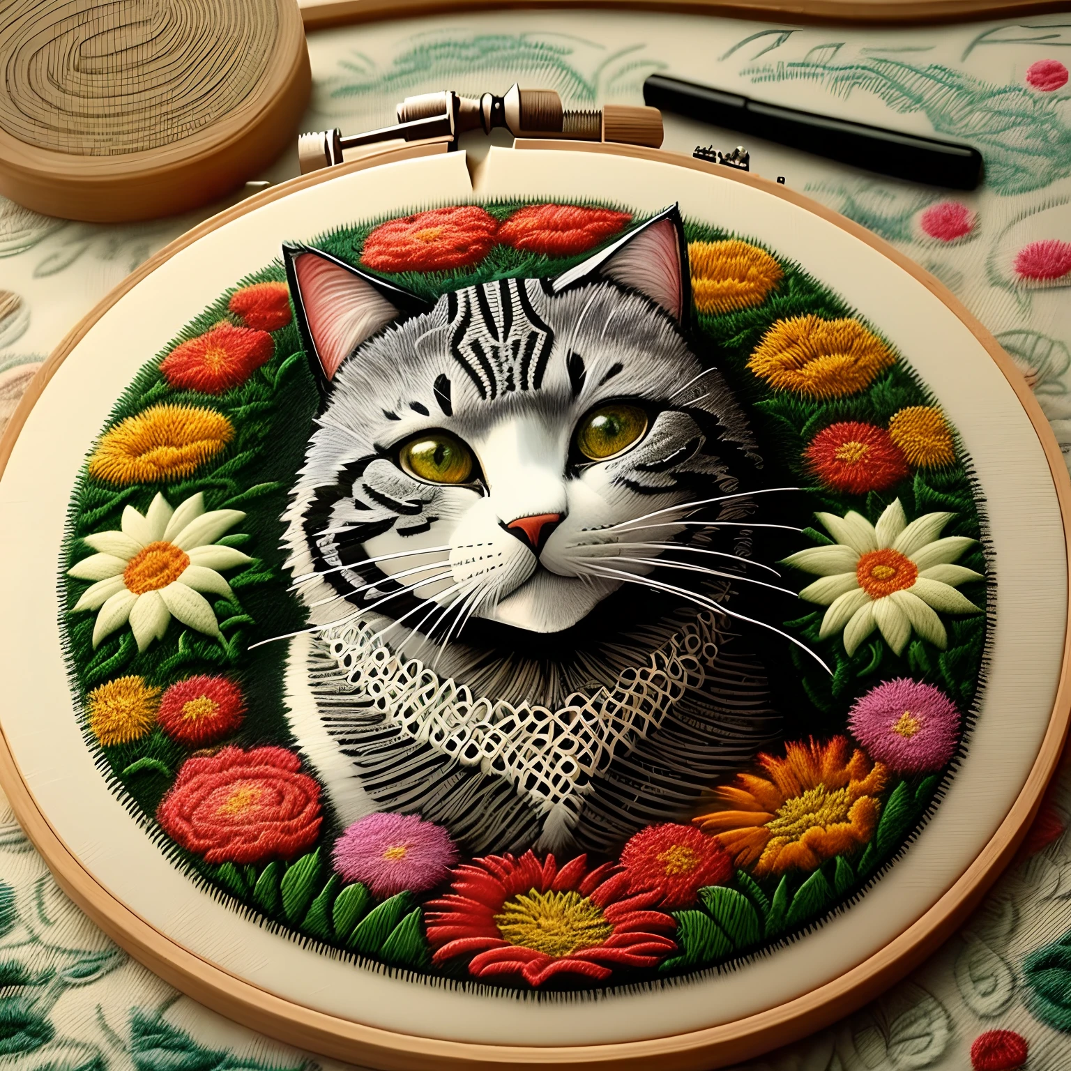 Cool cat Zentangle embroideries flower field