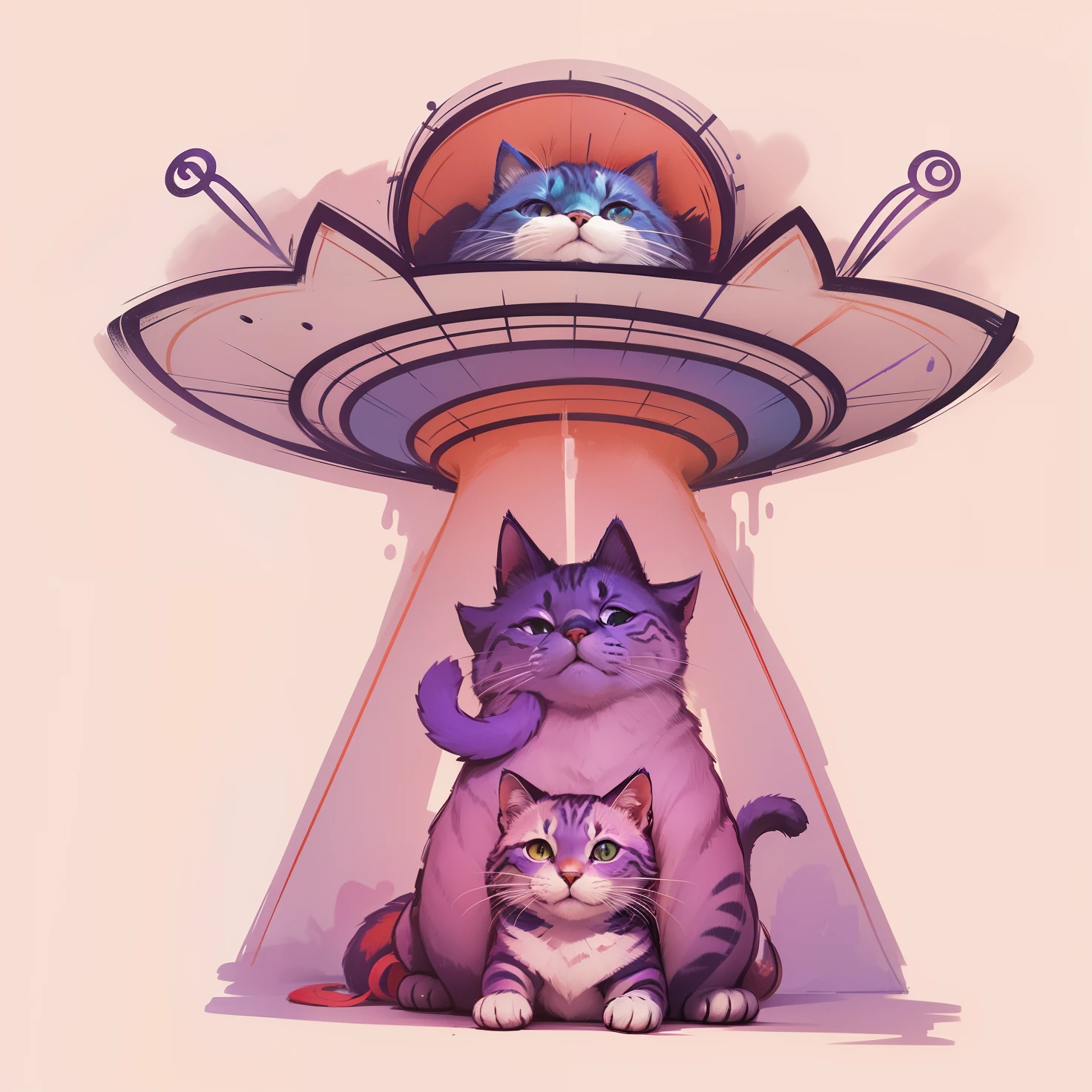 Fundo branco, cor, roxo, azul claro, amarelo e vermelho, adicione pequenos cogumelos no chao onde o gato esta sentado e  cores vividas