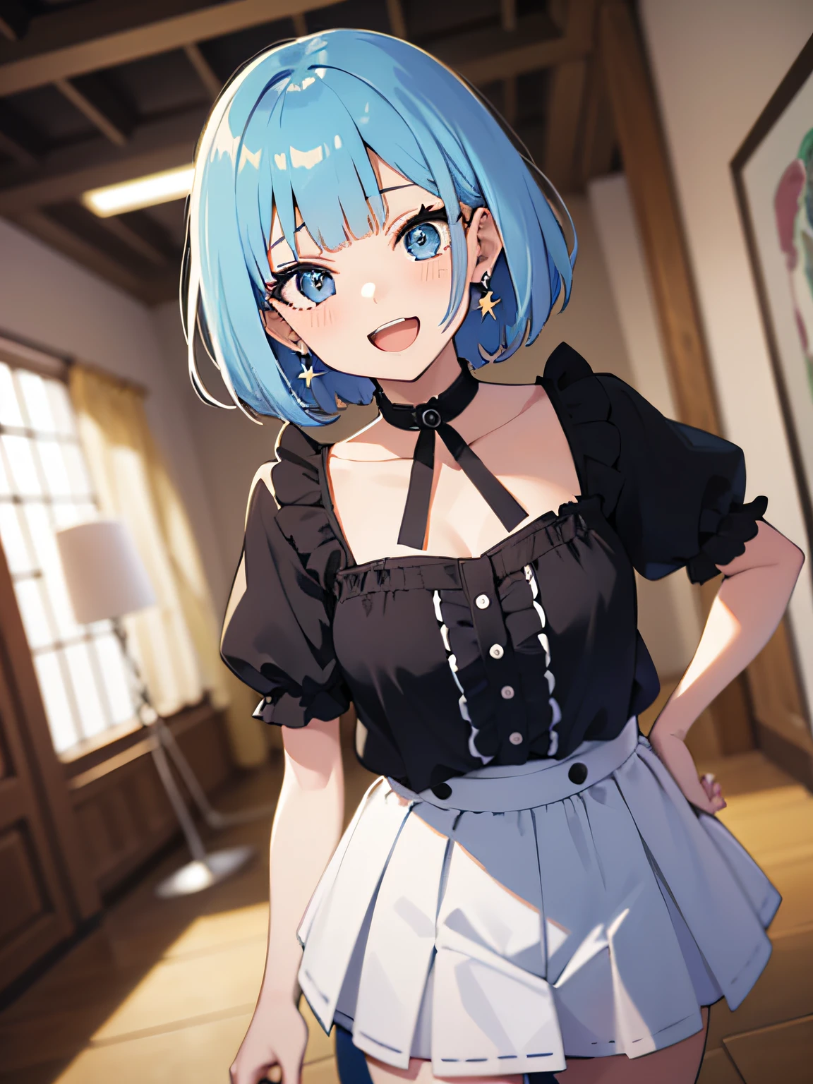 (masterpiece:1.3), (best quality:1.3), high resolution,
couboy shot,
leaning forward, body facing forward,
(one cute girl:1.3), solo,
white skin, small Breast, eight-headed person,
light blue hair, (bobbed hair:1.2), (short hair:1.2), (blunt bangs:1.2), beautiful hair, blue eyes, beautiful detailed eyes,
blush, open mouth, heart, cheerful smile,
black dress, earrings,
indoors, shortcake,
shadowlighting,