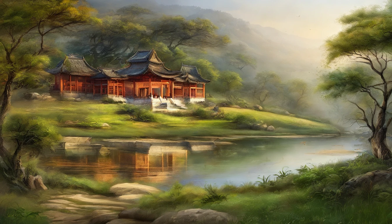 RAW photo of the landscape，Outside the Long Pavilion，Ancient road side，The grass is blue，Inspired by Li Shutong's lyrics，small detailed，realisticlying，ultra real photo，8K  UHD，Digital SLR，softlighting，high high quality，filmgrain，Fujifilm XT3，（tmasterpiece）