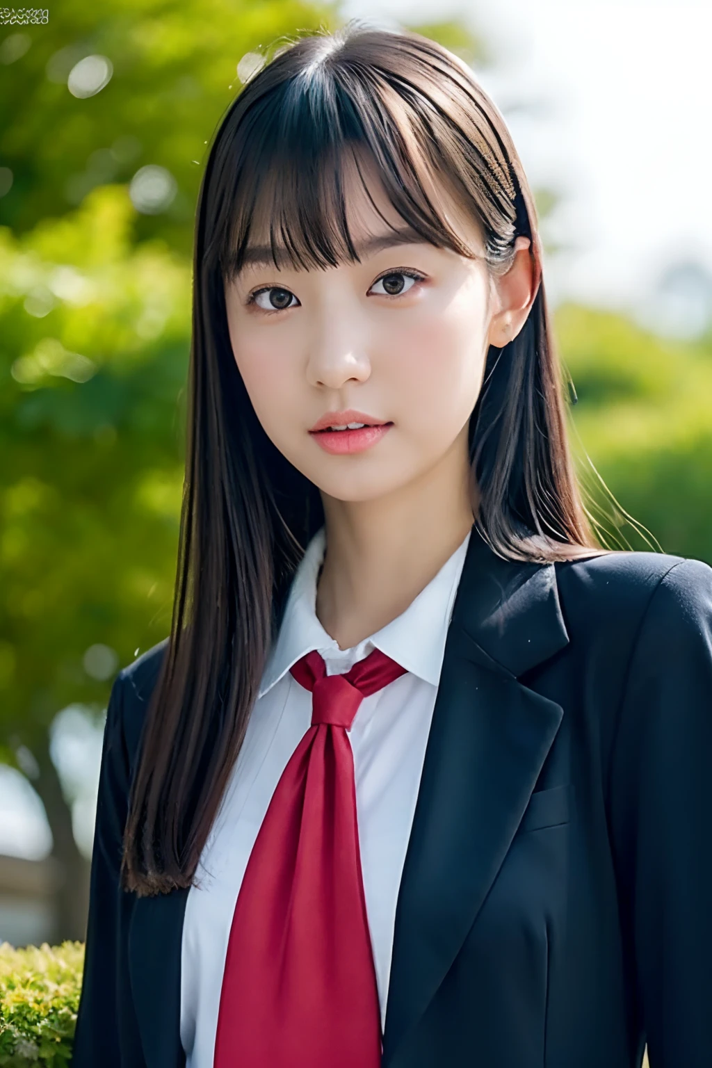 Japan school uniform, a closeup, wide angles, low angles, peitos fartos, Brown hair, looking at the viewers, portlate, 耳Nipple Ring, ear phone, hi-school girl, Fabric Pleated Skirt, neck tie, Black Suit, Red suit, a sailor suit, Posing Black Eye, unparalleled masterpiece ever, Ultra realistic 8K CG, Clean and beautiful face, Glossy skin, Skindentation, top-quality, 超A high resolution, Photorealsitic, ((Look at viewers))