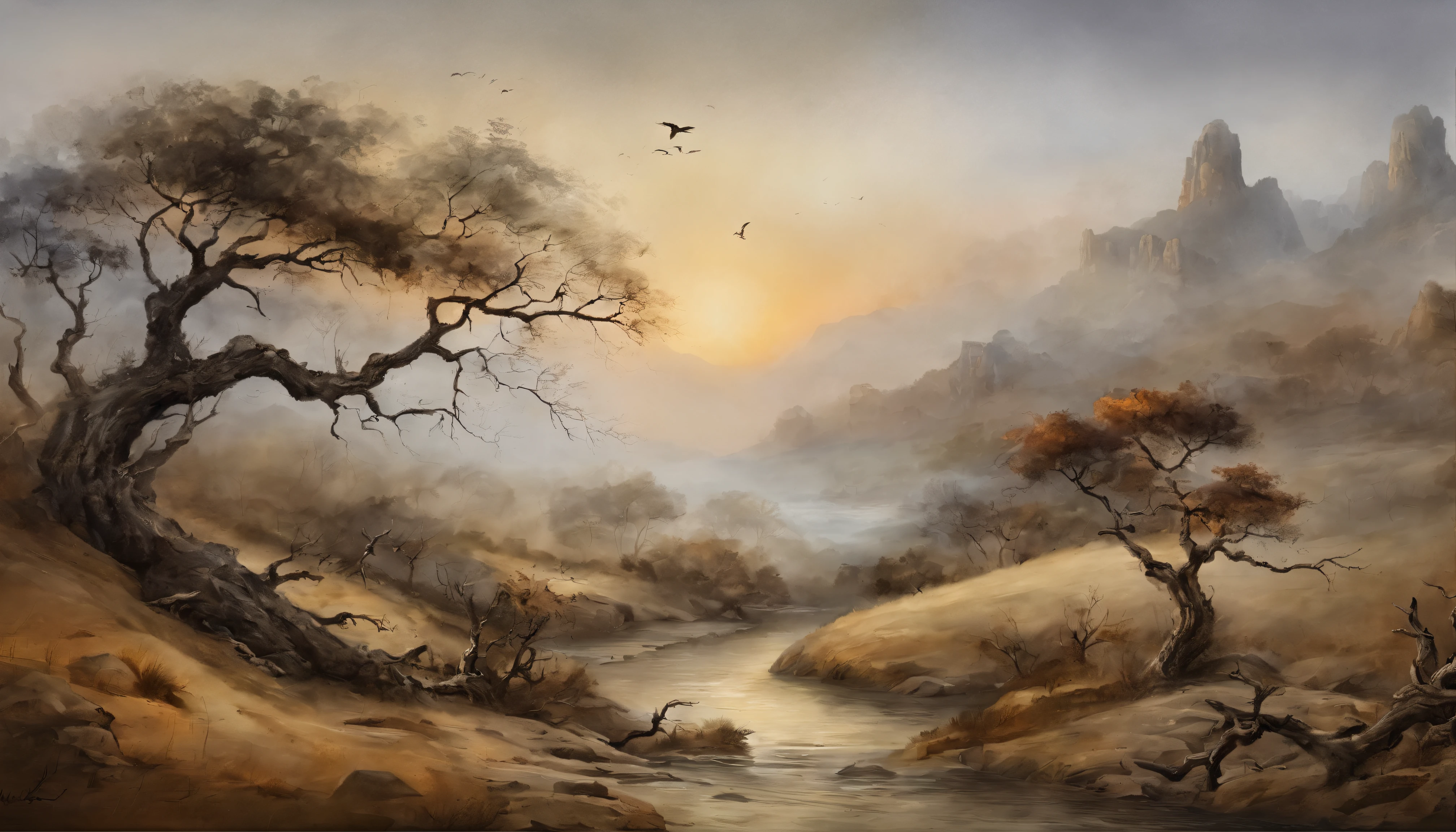 RAW photo of the landscape,Dead vines, old trees, and crows,Small bridges and flowing water,Ancient road west wind thin horse,Sunset,Broken intestines are at the end of the world,Inspired by the Tang dynasty poet Ma Zhiyuan,small detailed,realisticlying,ultra real photo,8K UHD,Digital SLR,softlighting,high high quality,filmgrain,Fujifilm XT3,(tmasterpiece)