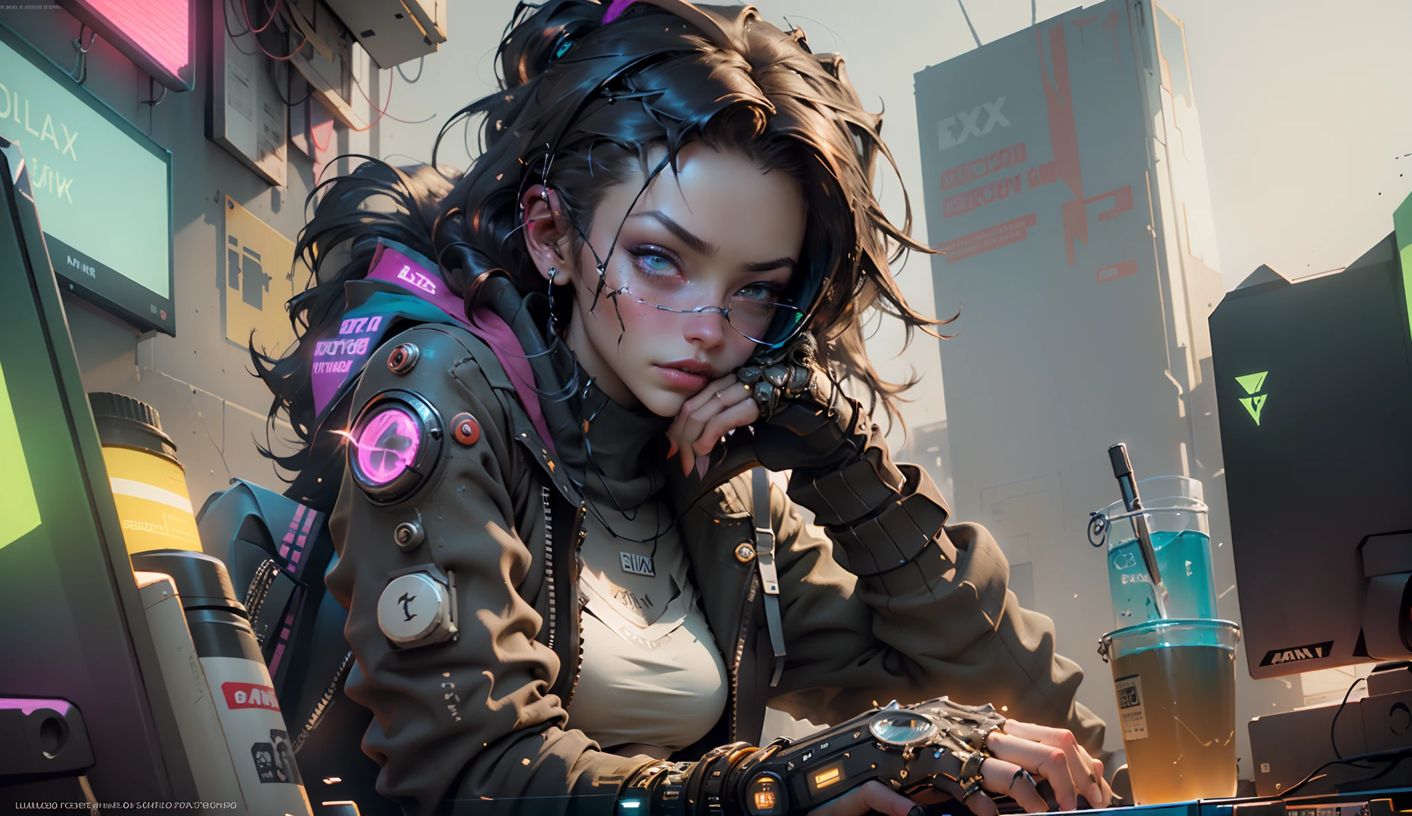((Best Quality)), ((Masterpiece)), (Very detailed:1.3), 3D, Beautiful (Cyberpunk:1.3) Female hacker, thick hair, revealing clothes, operating computer terminals, computer servers, LCD screens, fiber optic cables, corporate logos, HDR (High Dynamic Range), ray tracing, NVIDIA RTX, Super Resolution, Unreal 5, Subsurface scattering, PBR textures, Post processing, Anisotropic filtering, Depth of field, Maximum sharpness and sharpness, Multi-layer textures, Albedo and specular mapping, surface shading, accurate simulation of light-material interactions, perfect proportions, octane rendering, duotone lighting, low ISO, white balance, rule of thirds, wide aperture, 8K RAW, high efficiency sub-pixels, subpixel convolution, luminous particles,