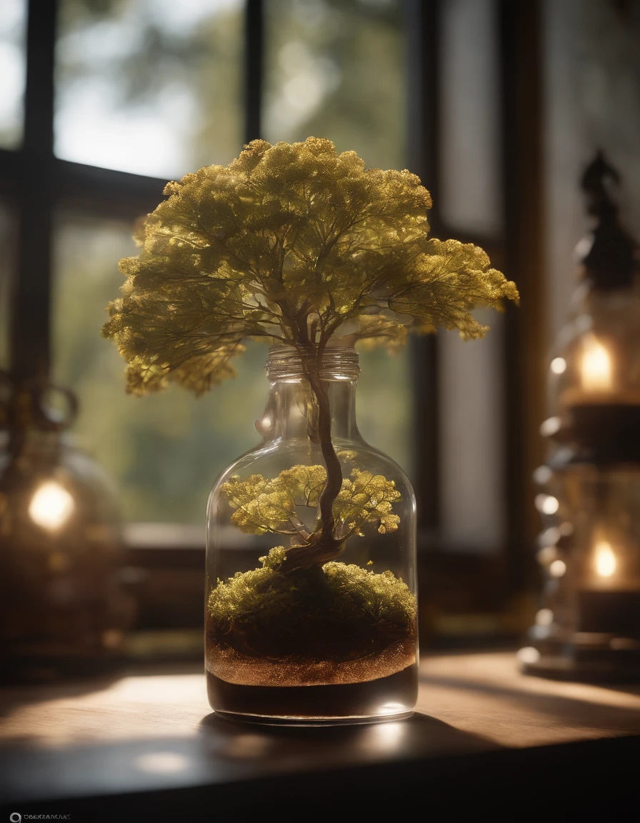 dreamlikeart tree in a bottle, fluffy, realistic, photo, canon, dreamlike, art, colorfull leaves and branches with flowers on top of its head. hyperdetailed photorealism by greg rutkowski - h 1024 w 804 | f 1 6 lens mark 2:2 s 3555 mm film grain :1 lifelike high res sharp focus contrast!! intricate detailed atmospheric light refraction lighting unreal engine 5 cinematic concept photography masterpiece octane render trending at cgsociety rendered as