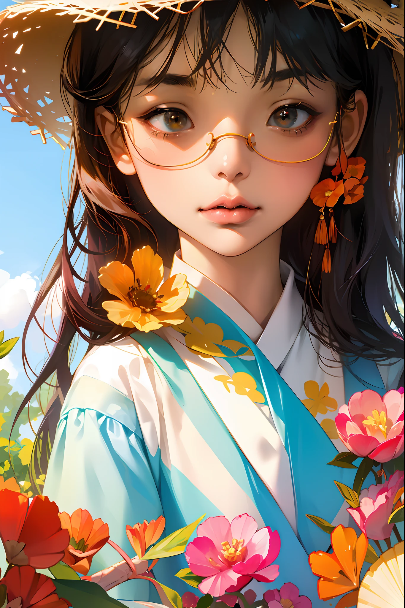 1girll, Solo, Extremely detailed eyes, starfish, seashell, shells, flower, Hat, hair adornments, jewelry, Straw hat, view the viewer, sunglasses, hatflower, drinking straw, hair pin, Earrings, Red flower, Colored glasses, yellowflower, bangs, English text, multicolored hair, orangeflower, Black hair, ring, Ccup, Long hair, orange-tinted eyewear, food, Brown hair, Portrait, shell hair ornament，（tmasterpiece、best qualtiy、A high resolution），white backgrounid，Acrylic paints，（（splash of color，Splash ink、Color splattering）），Sweet Chinese girl，light blue long hair，[light blues|Pink big breasts]the hair，curlies，glitters，Pink lips，White color blouse，frontage，