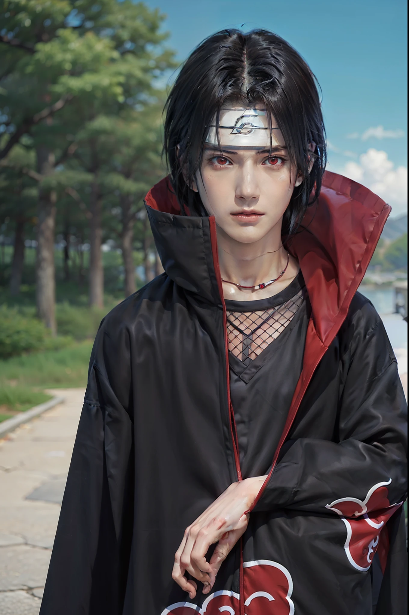 1man, uchiha itachi in anime naruto, long hair , black hair, red eyes, handsome, grey clothes, realistic clothes, detail clothes, outdoor background, ultra detail, realistic