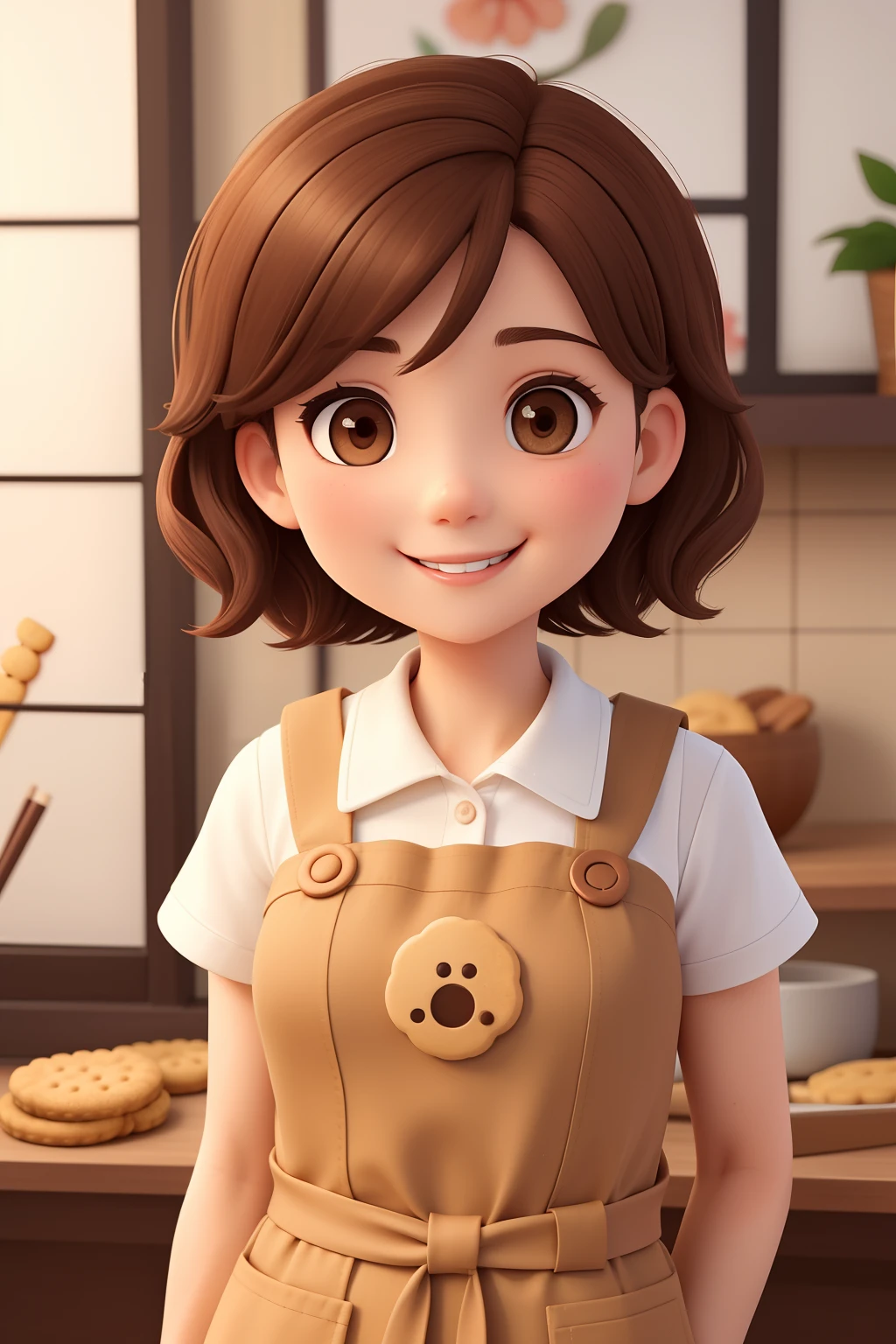 30-year-old woman with, with short brown hair,, Round face, Round face and nice smile, and brown eyes、japanes、pinafore、biscuits
