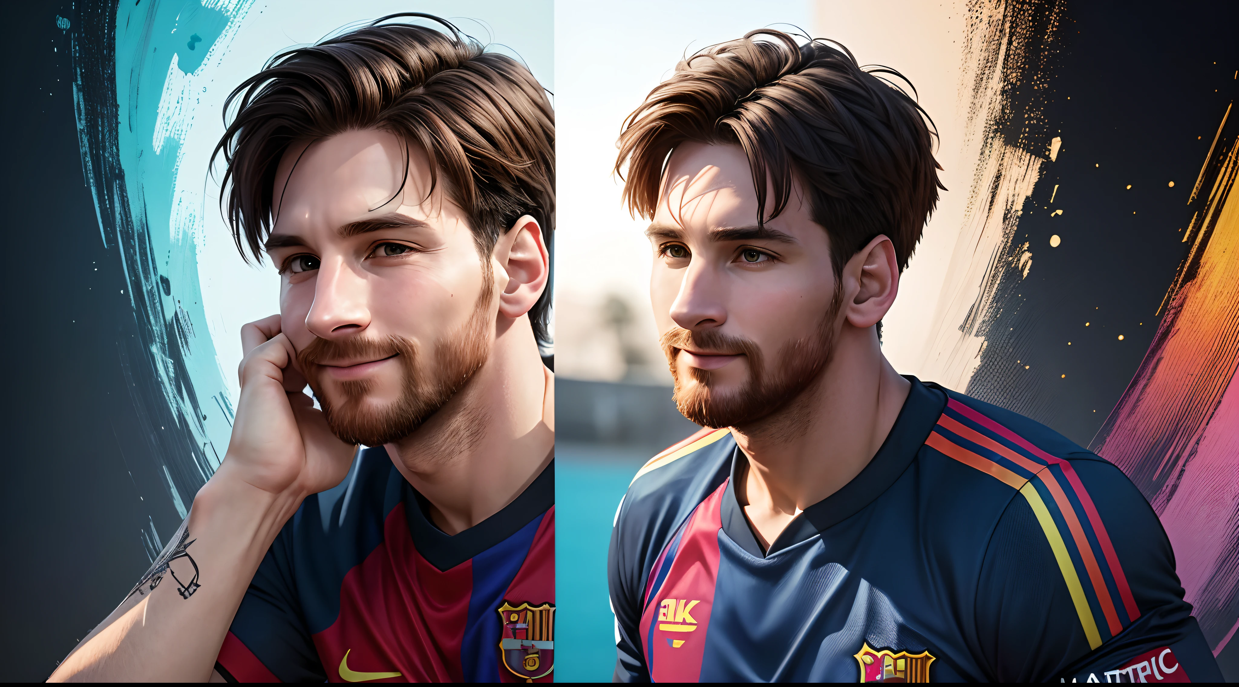 "Messi smiling picture is a real masterpiece with masculine beauty, perfect anatomy. Olpntng style, colorful rainbow, t-shirt design, clean design, epic Instagram, artstation, full of color paint streaks, wlop, contour. When you look at his beautiful eyes, you will see clearly every small detail and perfect line, every detail on the skin is beautiful in 8K quality , people will be captivated by the confidence radiating from every look. The face is drawn meticulously in every detail with 8K image quality.''