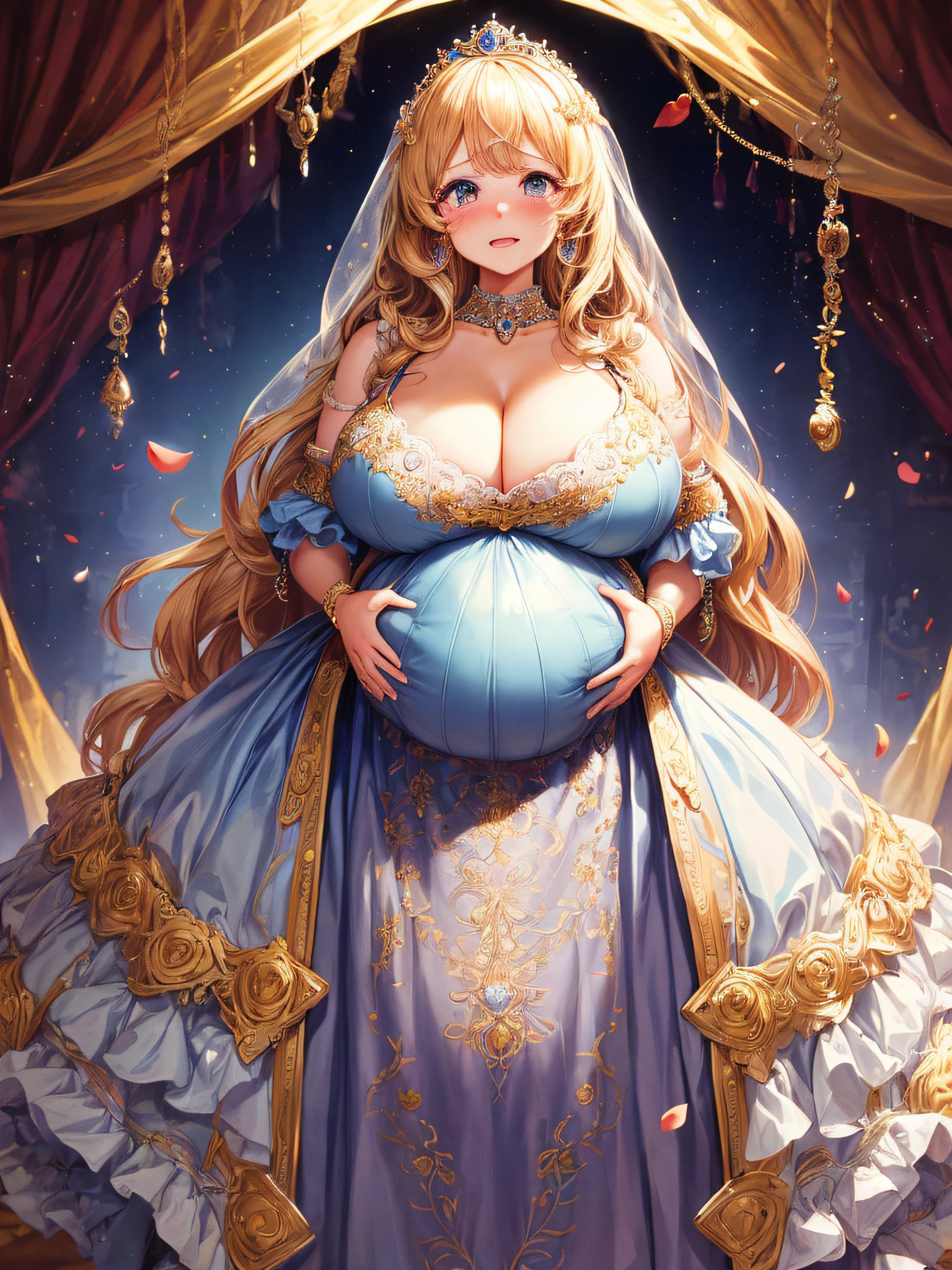 (masterpiece, best quality,extremely detailed:1.1),(moe anime art style:1.2),1girl,((full body,focus face)),((solo)), cute, kawaii,digital art,((1 bling-bling pregnant princess wearing beautiful embroidery and jeweled gorgeous princess rococo ballgown with voluminous full length hoop skirt)),(((heavily pregnant,very big pregnant belly))),((crinoline)),long train,voluminous frills,(gorgeous embroidery and beautiful lace),((very gigantic boobs,skindentation)),cleavage,shiny hair,(((very long hair,large amount of straight hair))),((embarrassed,cry)),((finely detailed face and eyes)),clear pupil,extremely gorgeousfull hair ornament,(bling-bling jeweled extremely gorgeousfull tiara),(bling-bling gorgeous gemstone jewelry),long veil,beautiful background,fantasy background,flowers,flower petals flowing,full body,((beautiful embroidery and jeweled ruffled gorgeous princess rococo ballgown with voluminous full length hoop skirt))