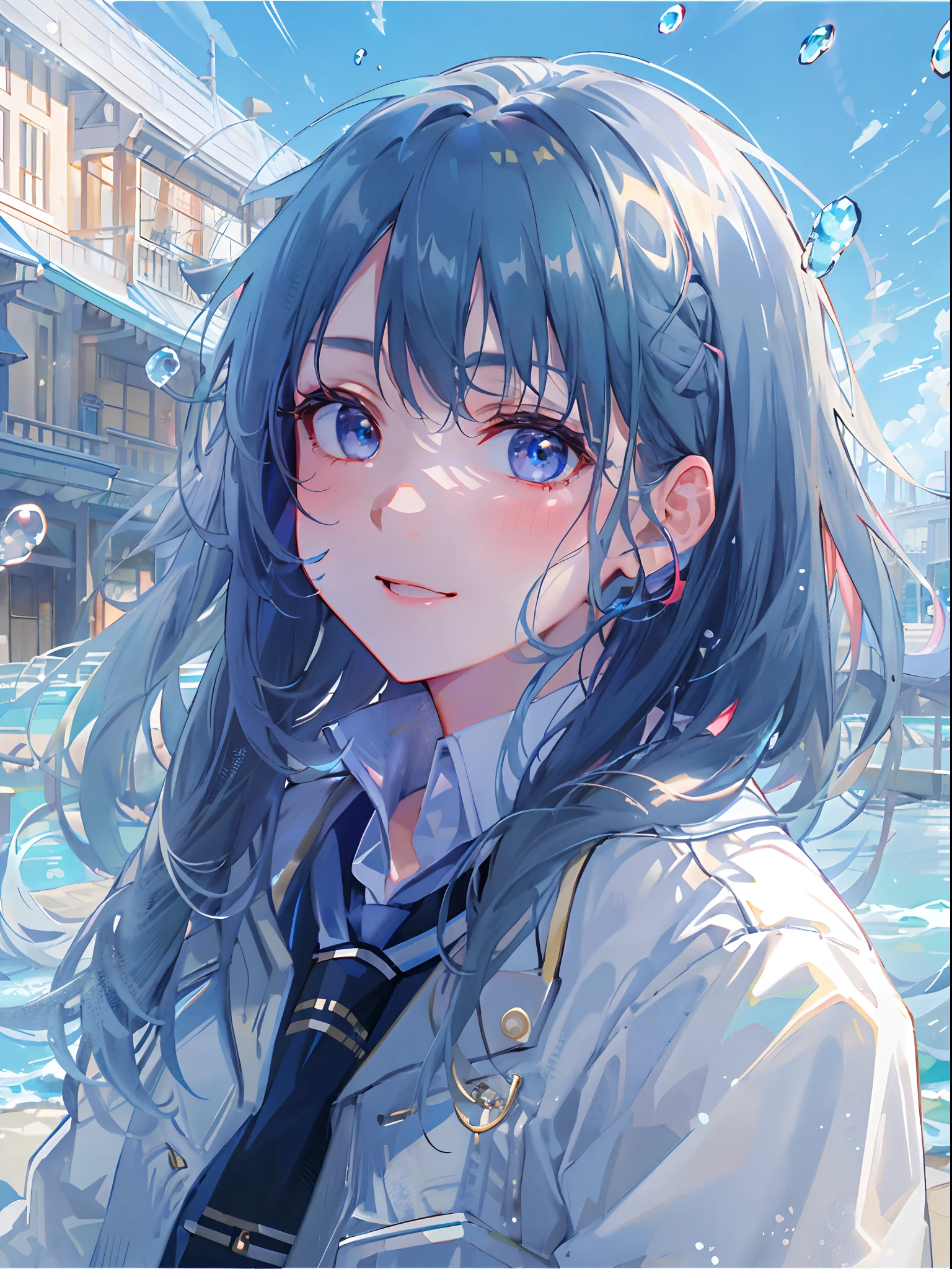 ((top-quality)), ((​masterpiece)), ((ultra-detailliert)), (extremely delicate and beautiful), girl with, 独奏, cold attitude,((Black jacket)),She is very(relax)with  the(Settled down)Looks,A dark-haired, depth of fields,evil smile,Bubble, under the water, Air bubble,bright light blue eyes,Inner color with light blue hair and dark blue tips,Cold background,Bob Hair - Linear Art, shortpants、knee high socks、White uniform like school uniform、Light blue ribbon ties、Clothes are sheer、Hands in pockets, side bun,