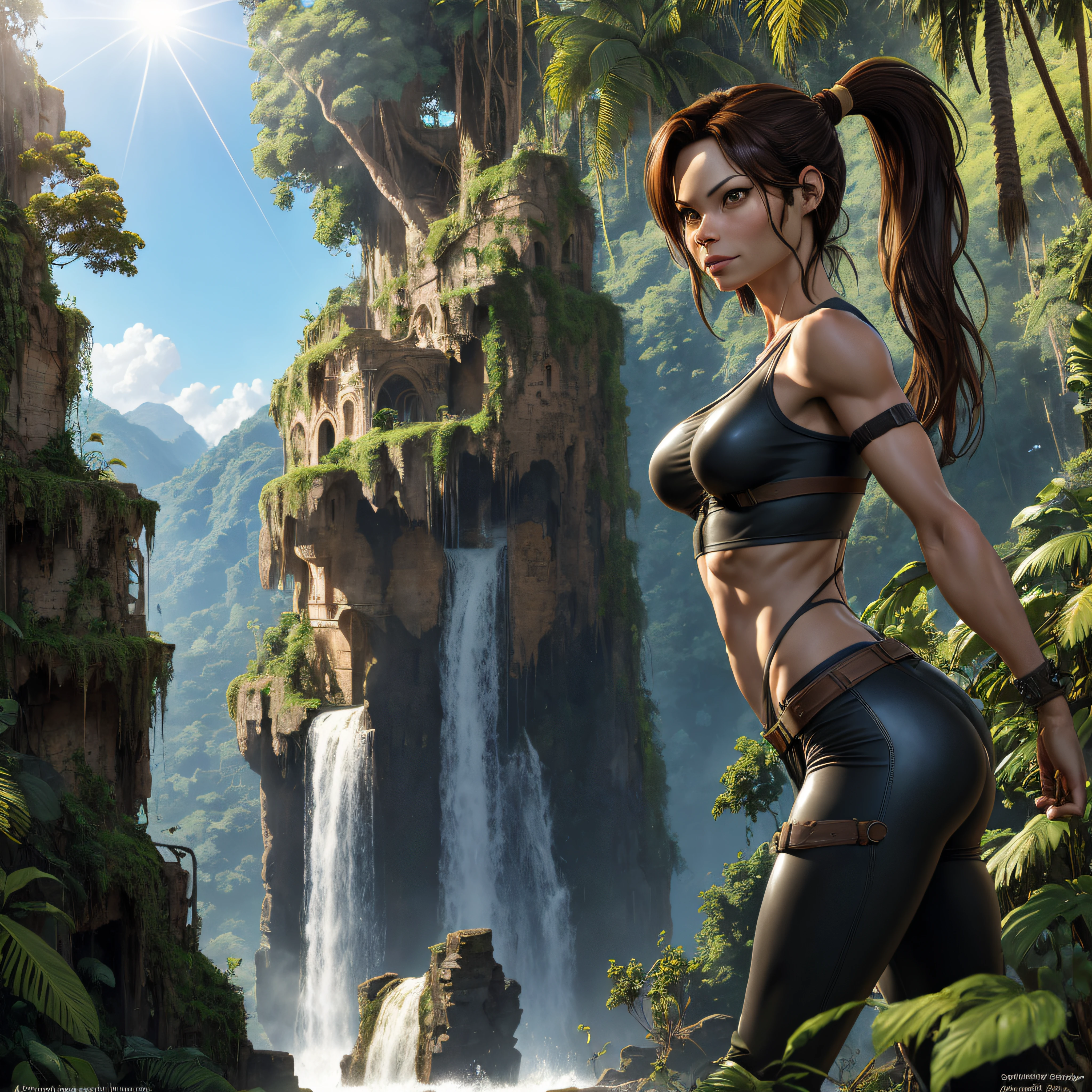 1Kristin Kreuk as Lara Croft dressed in latex. longs cheveux bruns. Ponytail. beaux yeux verts. Pose sexy. ruines dans une jungle luxuriante et une cascade in the background. Sun shining through the jungle. Chef d'oeuvre. golden ratio. highly detailed. very wide shot. Very large plan. cinematic lighting.