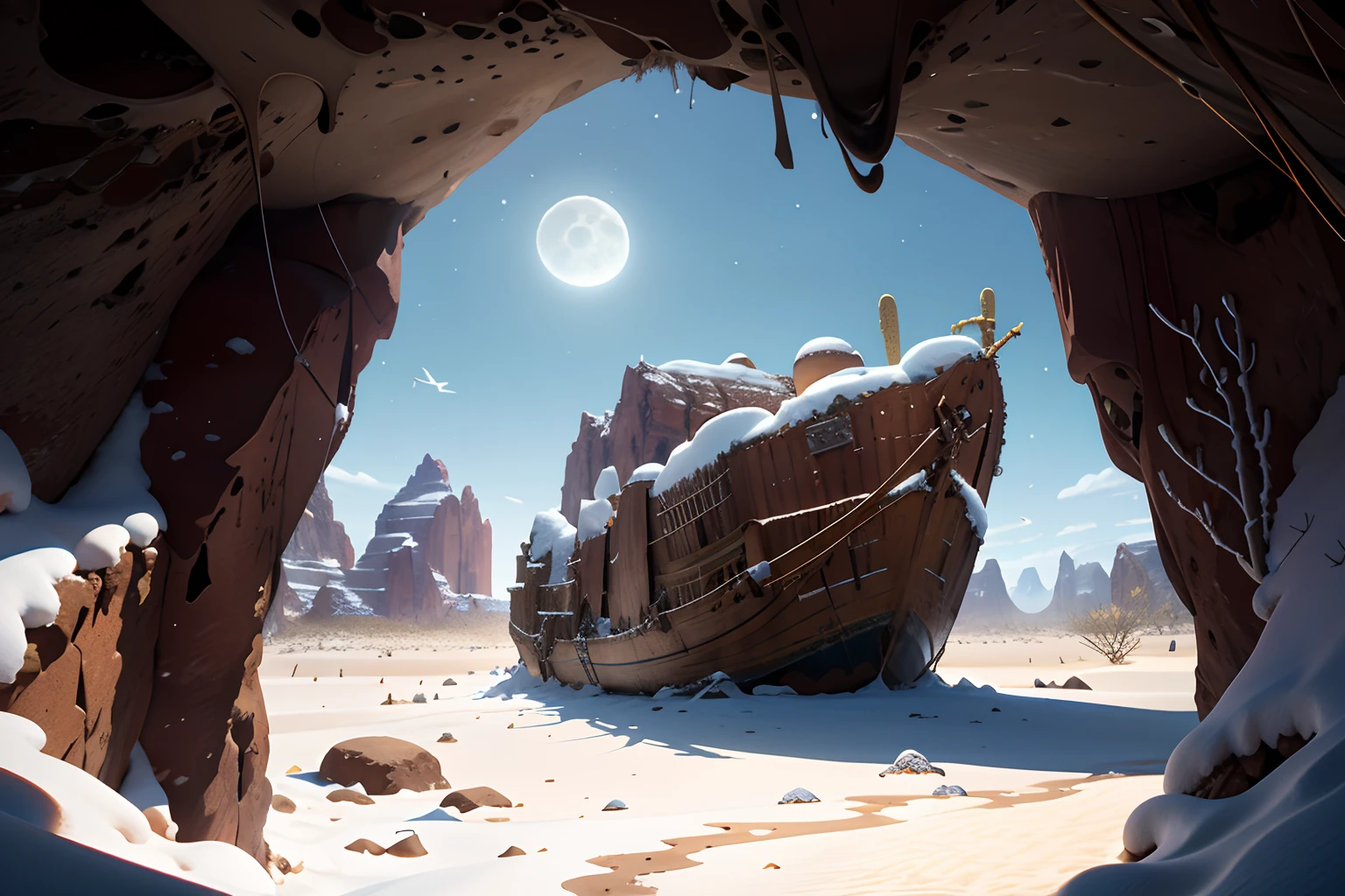 (((snow))), (((desert-islands:1.3))), cave in collapsed pirate ship, big rock, tangled ivy and weeds, hyper real, solemnity atmosphere, (moonlighting only:1.3), death atmosphere, (((over head shot:1.3))), insane details, extremely detailed texture, intricately detailed, pencil drawing on oil painting, masterpiece, perfection,