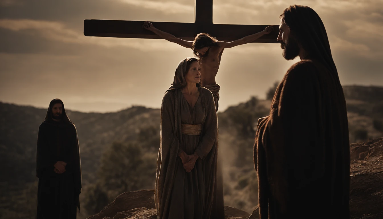 Mary at the foot of the cross of Jesus crucified, next to her are two more women and at her side the disciple whom Jesus loved