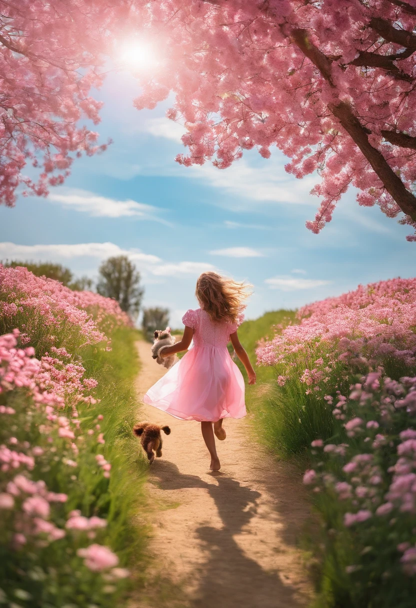 sunny clear blue sky,Splendid flowers are in bloom,Girl in pink dress running happily with puppy in the field pink flowers blossoms