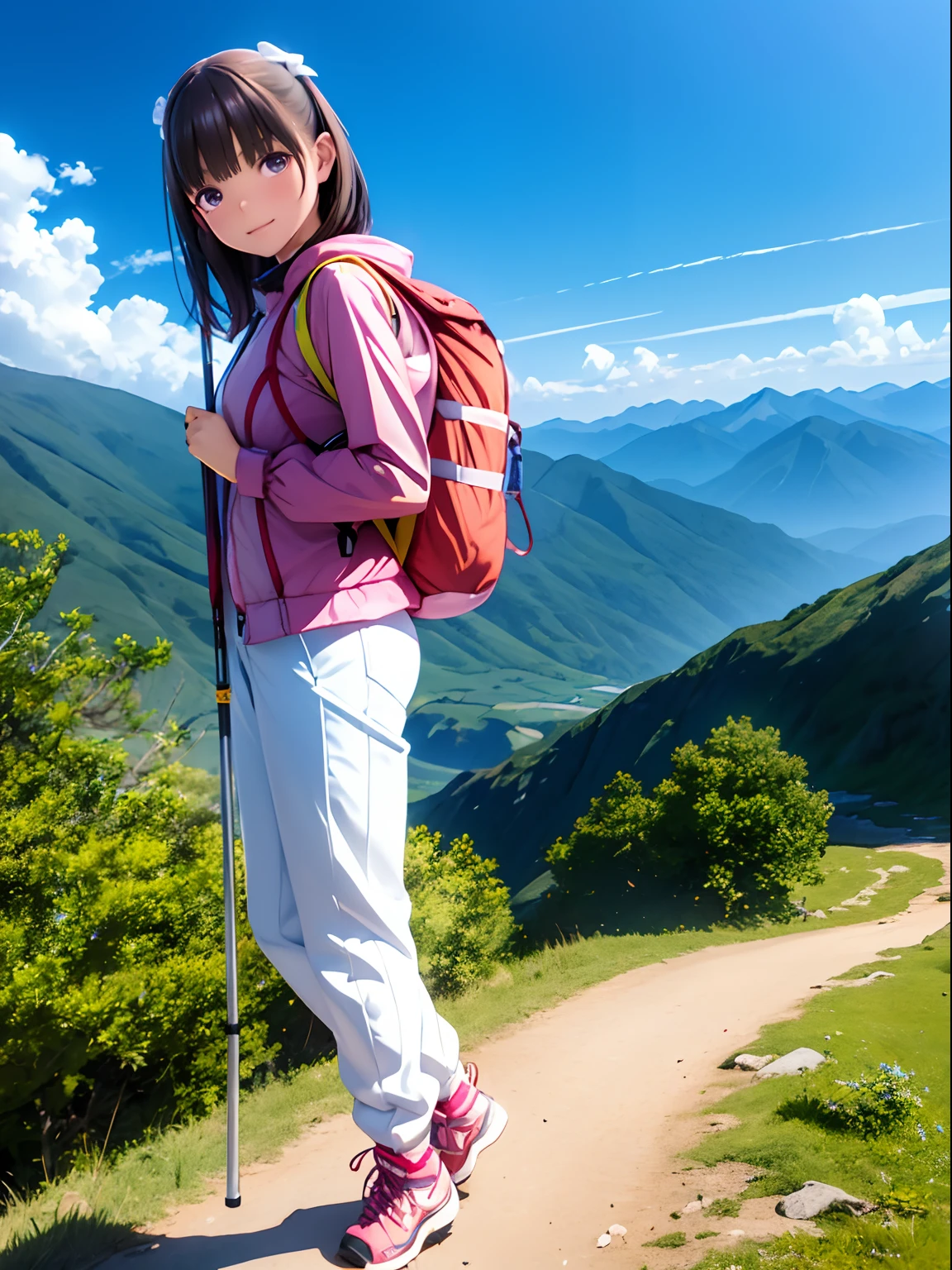 hight resolution,8K,Best Quality,detaileds,semi - realistic anime,Anime 3D Style,Smooth Anime CG,1 girl in,20 year old woman in Japan,slim,modeled,shiny chestnut hair,Medium Hair,Detailed face,Beautiful and detailed eyes,Glowing skin,Mountaineering Wear,((Fluorescent windbreaker)),((Long pants)),((Trekking Poles)),(Mountaineering backpack),(Hiking boots),mountain climbing,Superb view from the summit,autumnal,Background blur