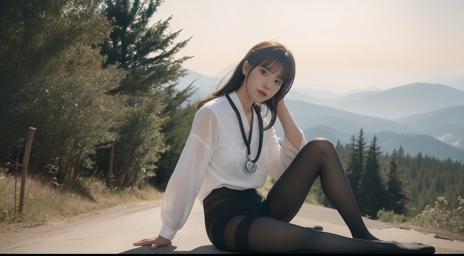 (Full body:1.5)，(1girl in:1.3),(view the viewer:1.4)，(anatomy correct:1.4),(Sitting at the top of a mountain:1.2),(Wearing a nurse set:1.2),(Opaque pantyhose:1.3),(Accurate and perfect face:1.3),(Long legs:1.3),hyper HD, Ray traching, reflective light， Structurally correct, awardwinning, high detailing, Lighten the shade contrast, Face lighting ，Cinematic lighting, masutepiece, super detailing, High quality, high detailing, Best Quality, High contrast,a scene from a movie、Mare