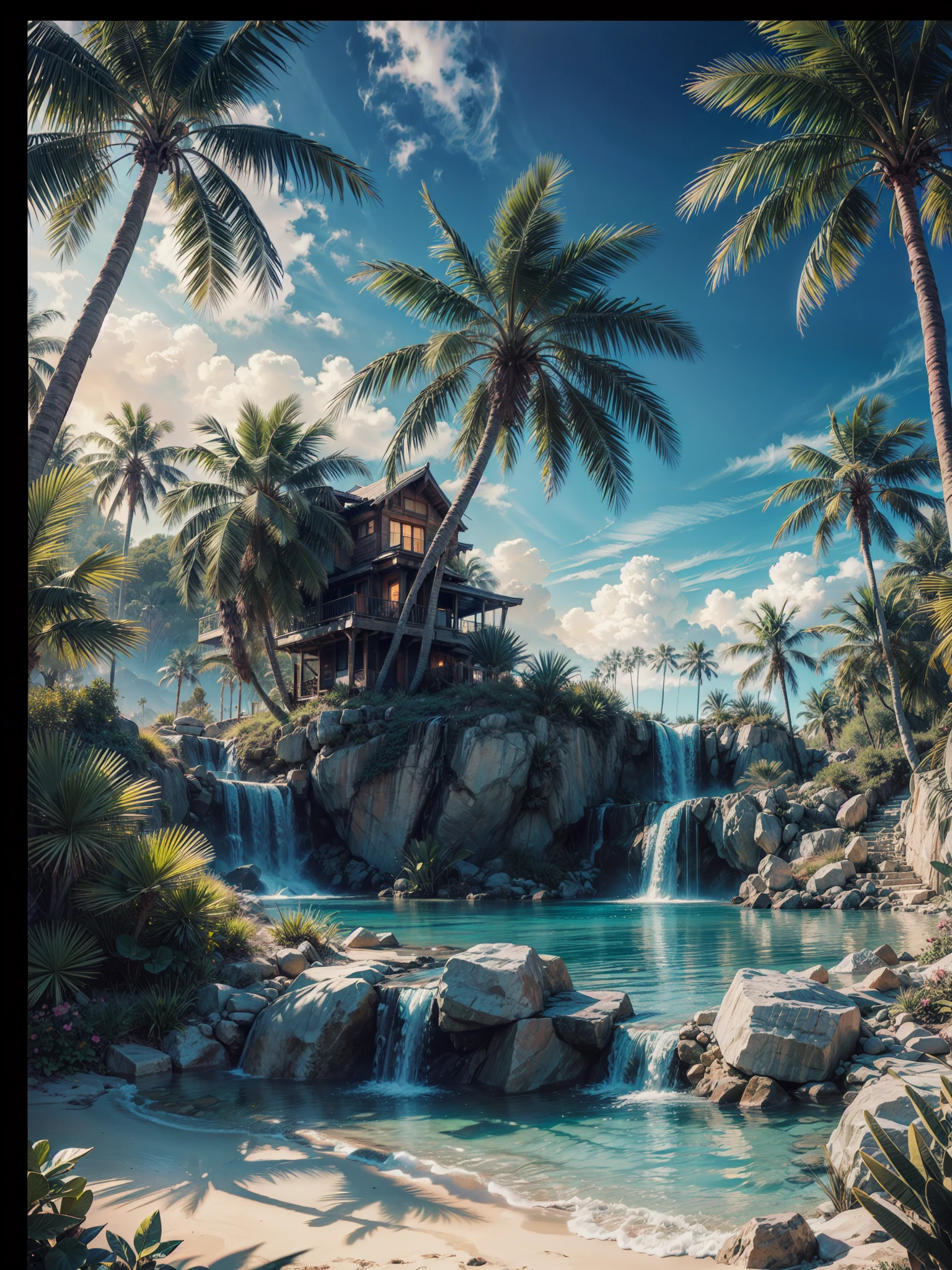 Palm Tree desert island, beautiful deset island, palm trees desert island, artificial waterfall, realistic detailed portrait, AMD FidelityFX Super resolution 3, night light effects, cinematic night light, ocean, masterpiece collection award winning artwork, official art,