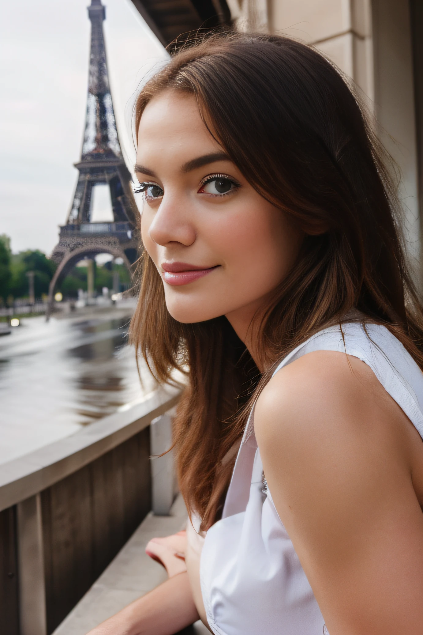 Belle redhead portant un pull beige (Lunch at the Eiffel Tower), Very detailed, 18 ans, visage innocent, cheveux longs, natural wavy, yeux verts, High resolution, chef d'oeuvre, Best quality, Intricate details, highly detailed, mise au point nette, detailed skin, realistic skin texture, texture, detailled eyes, professionnel, 4K, sourire charmant, filmed on Canon, 85 mm, faible profondeur de champ, Couleur Kodak Vision, perfect fit body, Extremely detailed, photographier_\(ultra\), photoreallistic, Realstic, Post-traitement, Maximum details, roughness, real life, ultra realist, photorealism, photographie, 8K UHD, photographie