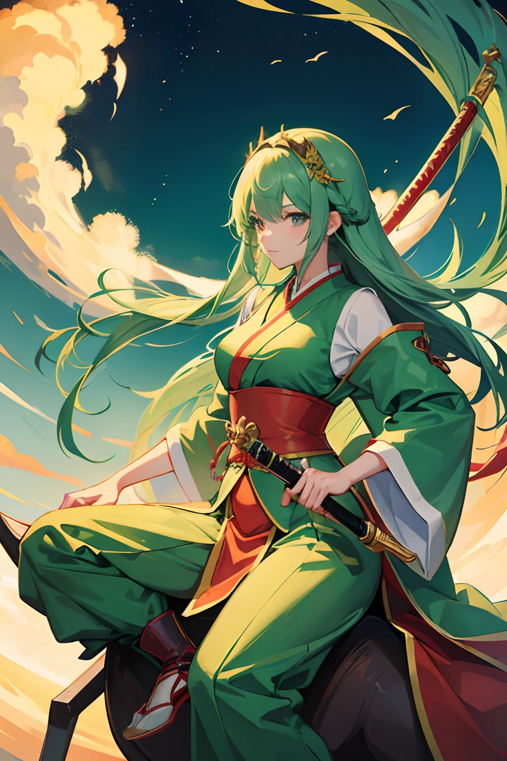 anime girl, holding a long sword, wearing a green Three Kingdoms period Chinese robe, riding a Red Rabbit horse