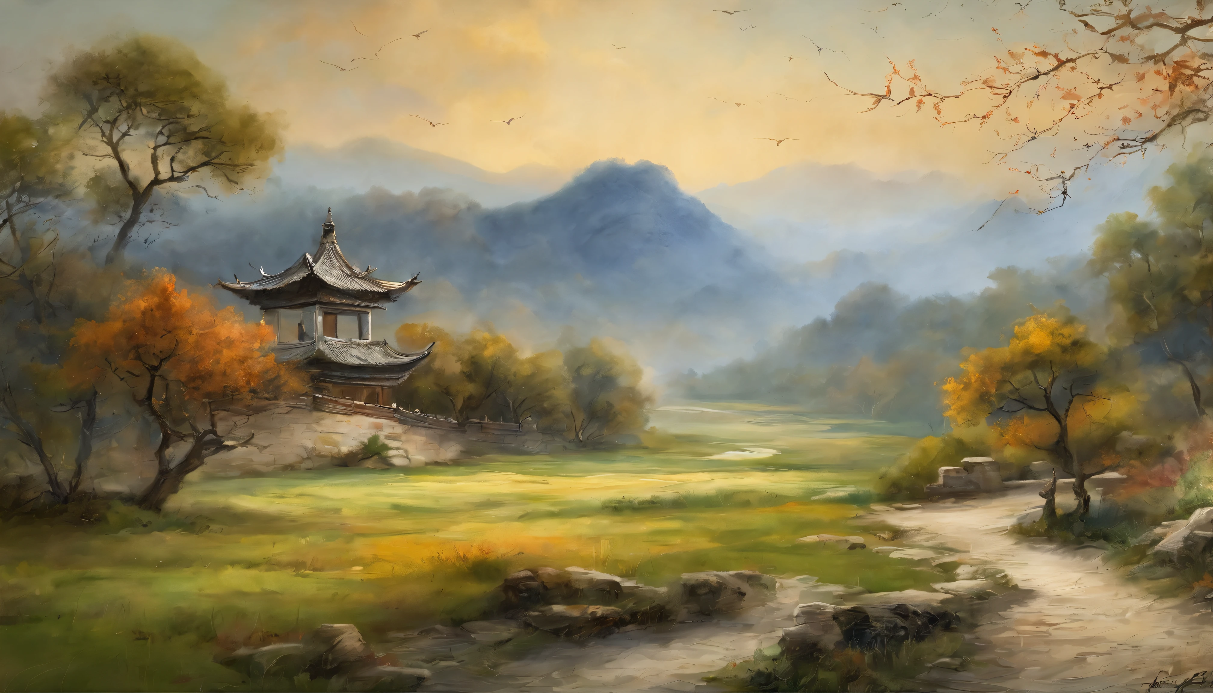 RAW photo of the landscape,Outside the Long Pavilion,Ancient road side,The grass is blue,Inspired by Li Shutong's lyrics,small detailed,realisticlying,ultra real photo,8K UHD,Digital SLR,softlighting,high high quality,filmgrain,Fujifilm XT3,(tmasterpiece)