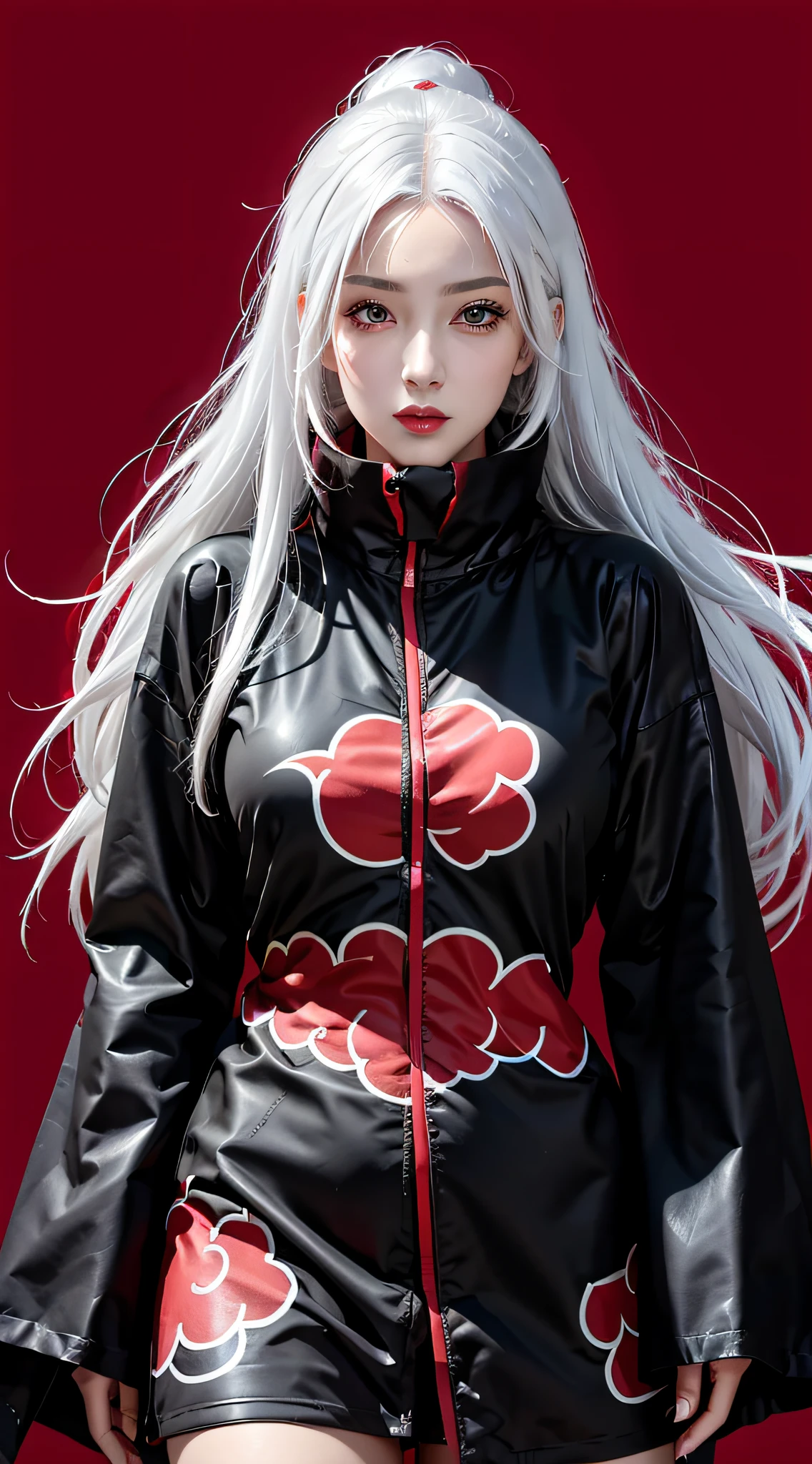 Best quality, masterpiece, high resolution, (perfect body shape), 1girl, detailed face, red lips, white hair, AKATSUKI OUTFIT, ninja, black cloak, black coat, sharingan eyes