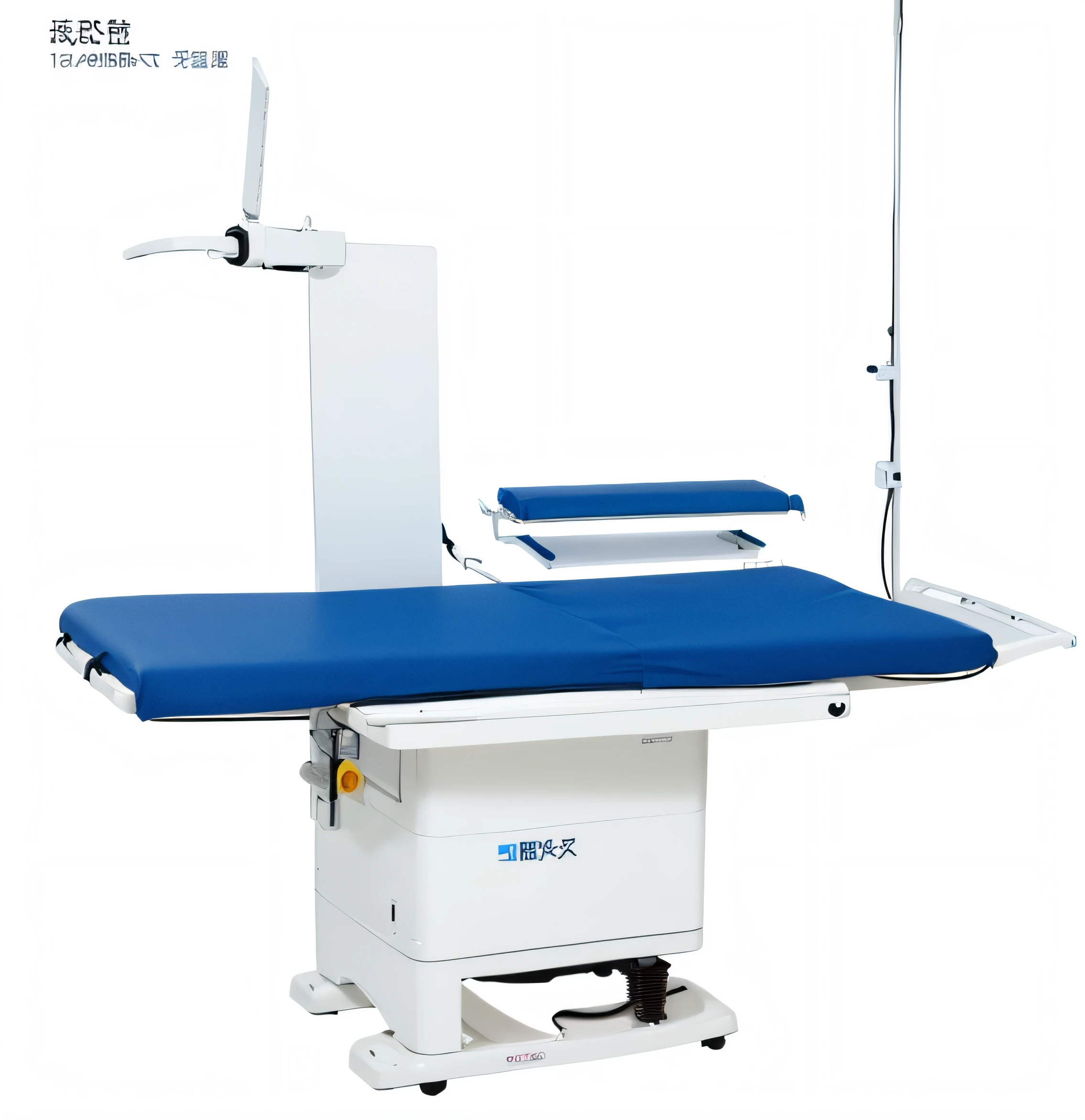 Blue and white ironing board close-up, chinese surgery operating table, medical machinery, high detal, Medical equipment, Vertical, operating table, Horizontal, Product photo, high high quality, oda non, high end, high - end, High quality], Blue, High quality material BSSRDF, denning, jia, highly