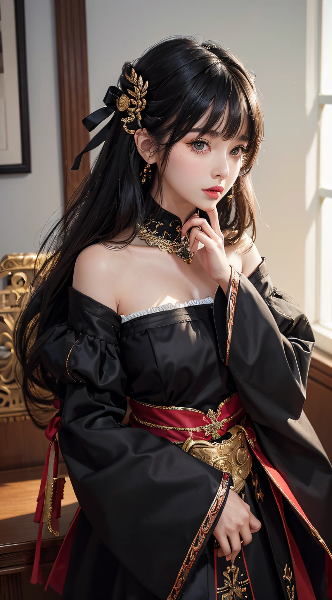 best quality, (photorealistic:1.2), 1girl, solo, detailed face, face focus, standing, black hair,(hair ornament:1.35),office lady, ribbon-trimmed sleeves, detached sleeves, ribbon trim, wide sleeves, (looking at viewer:1.5) long hair, black eyes, bangs, lips,