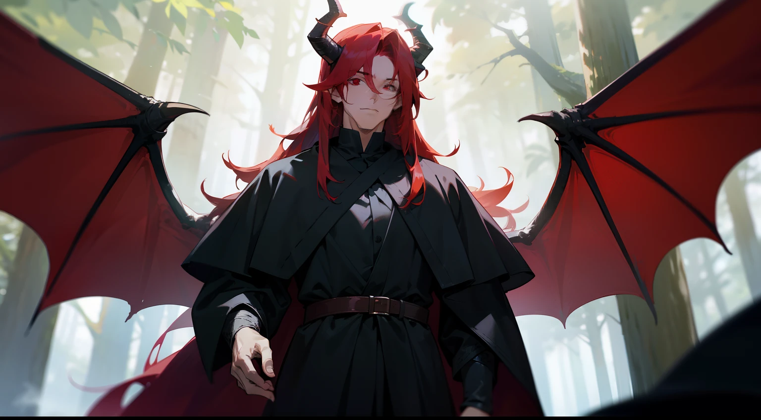 of a guy，Red-haired demon，black-clad，large tall，Handsome，There is a pair of dragon wings on the back，There is a pair of dragon horns on the head，standing in forest，Western fantasy，Fairytales，Works of masters，A high resolution，Exquisite facial features