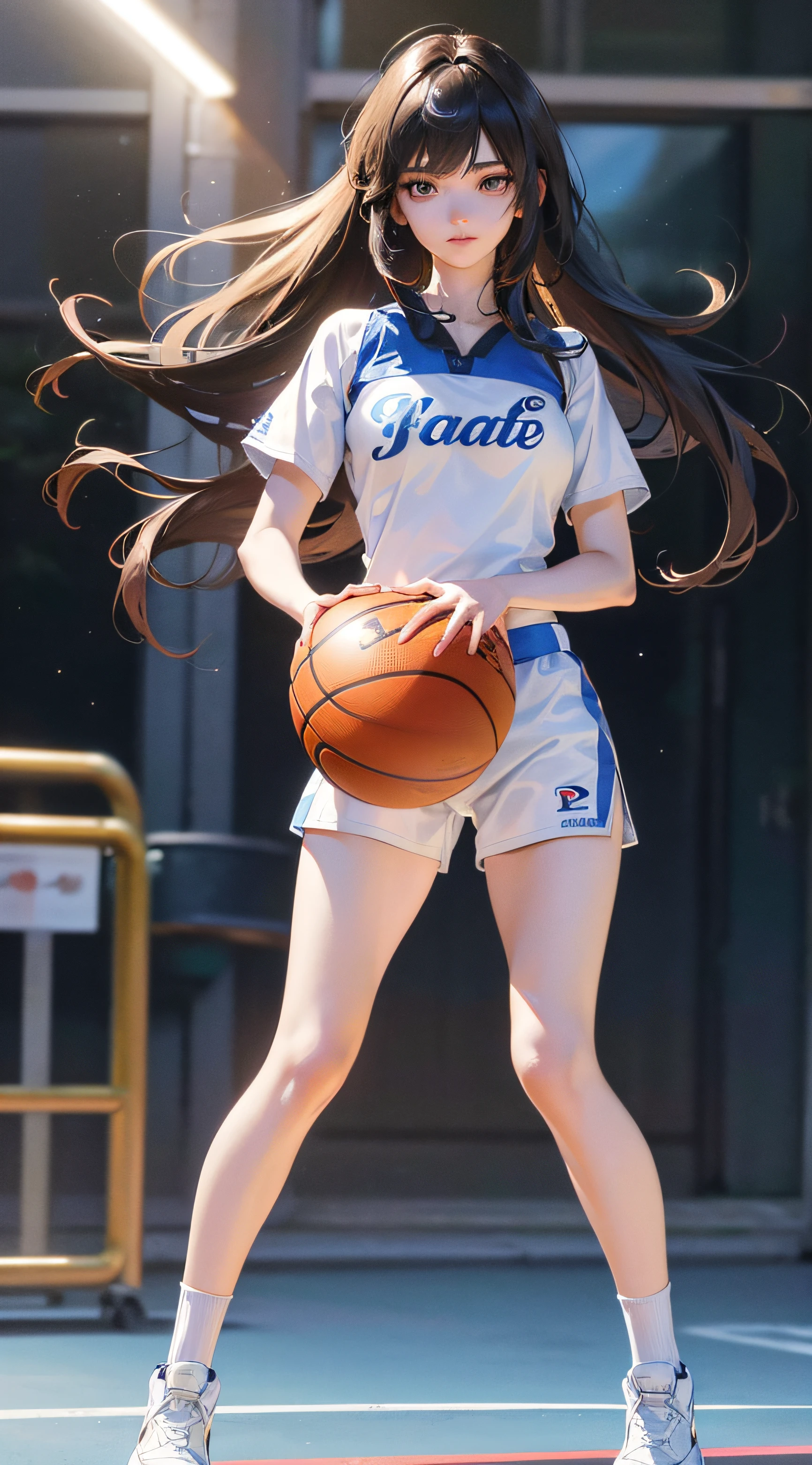 (8k, best quality, masterpiece:1.2), (realistic, photo-realistic:1.37), ultra-detailed,best quality, ultra high res, professional lighting, photon mapping, radiosity, physically-based rendering, cinematic lighting, basketball court,depth of field, sharp focus,sunbeam, good composition,(bokeh:1.2) 1girl,solo,(full body), (closed mouth),beautiful detailed eyes, pose, narrow waist,basketball uniform, black hair,messy hair,long hair floating in wind,(ulzzang-6500:1.2)
 mix4, hiqcgbody