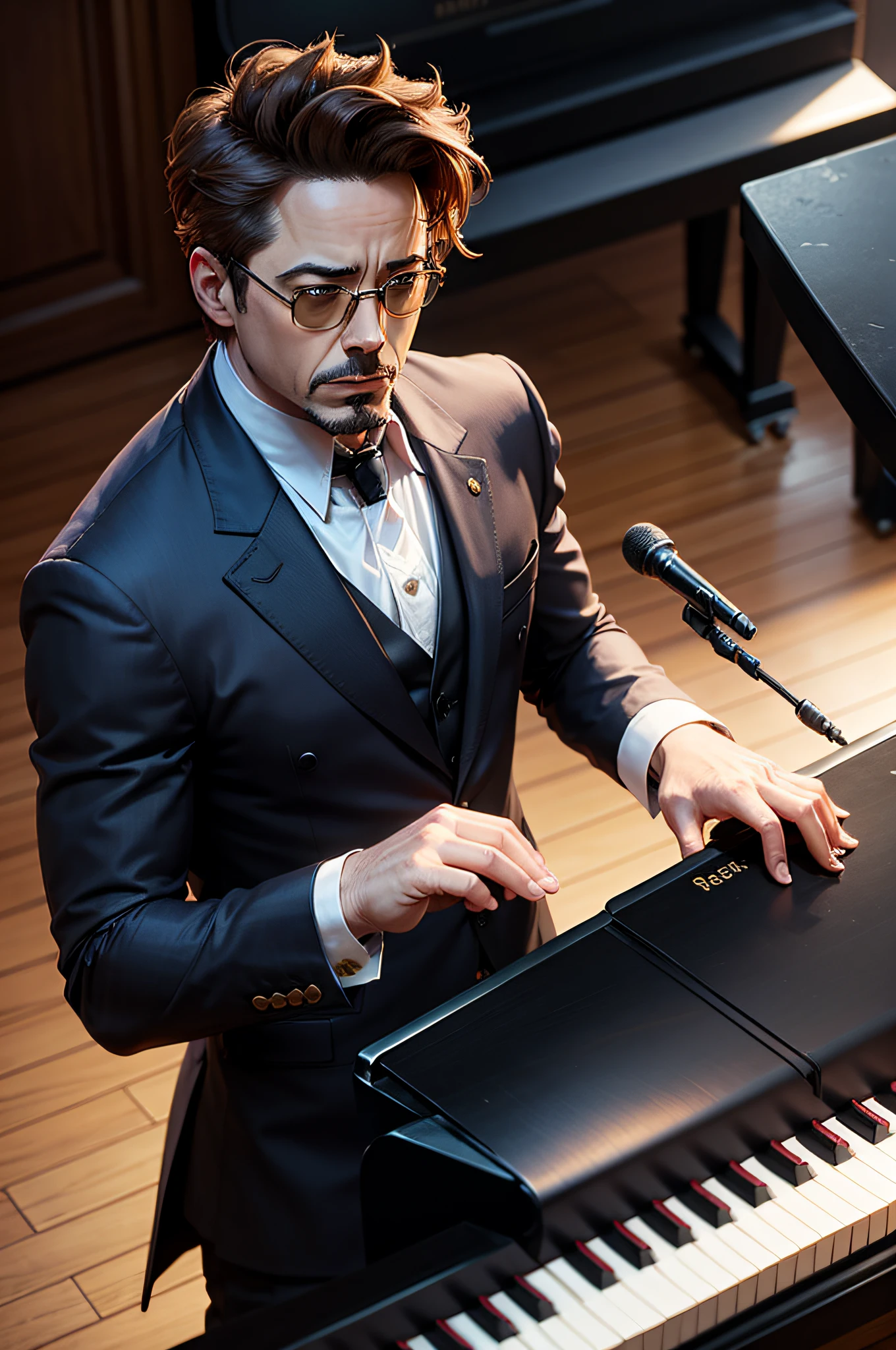 Robert Downey Jr. plays the piano, in strict suit