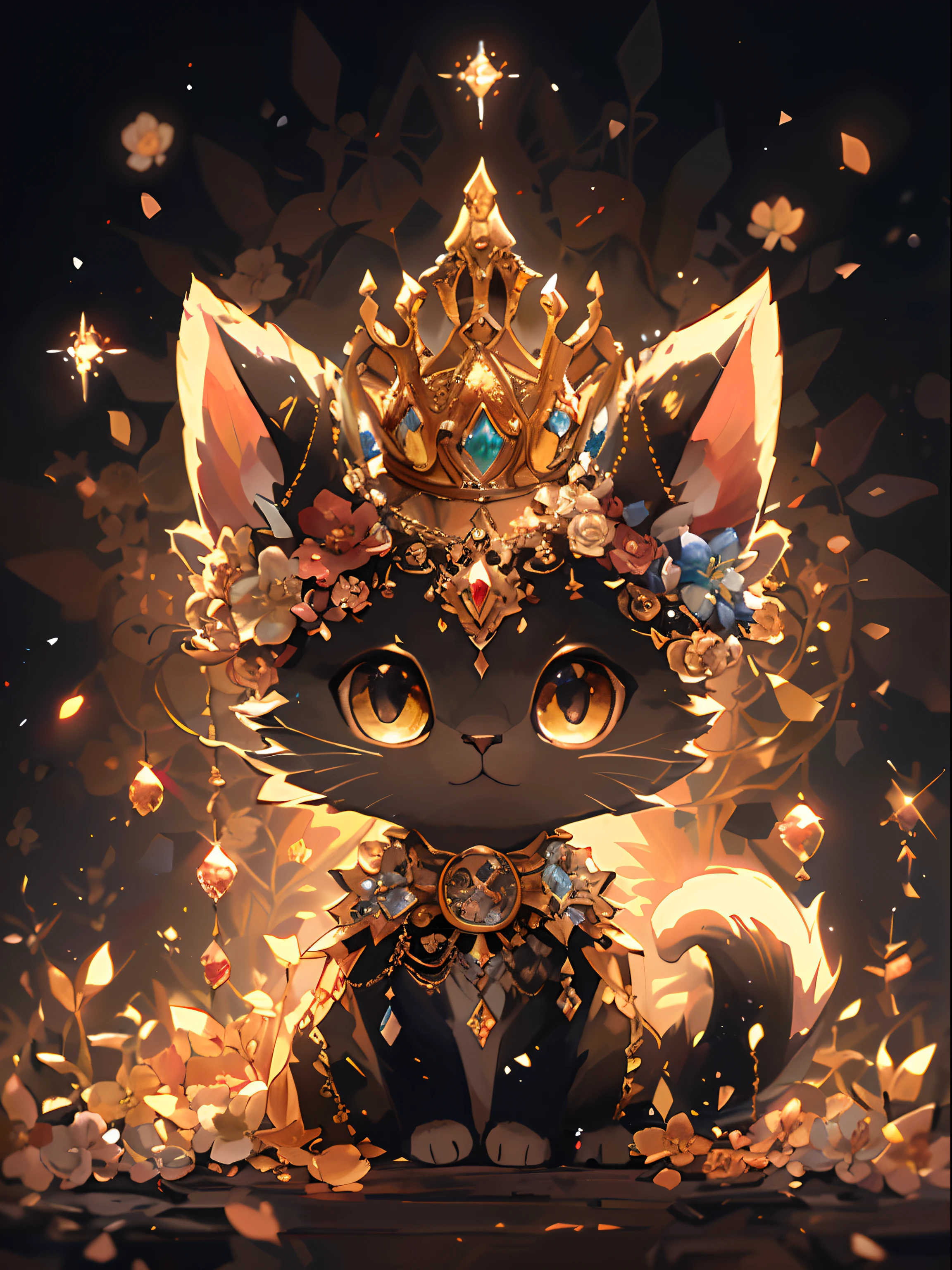 A cat with a crown on its head sits on a pile of flowers, cute detailed digital art, Trending on ArtStation pixiv, detailed fan art, 🌺 cgsociety, Pixiv Contest Winner, 8k high quality detailed art, Fantasy Art Style, Ryan Glitter, Concept Artist, digital art on pixiv, cute detailed artwork, fanart best artstation