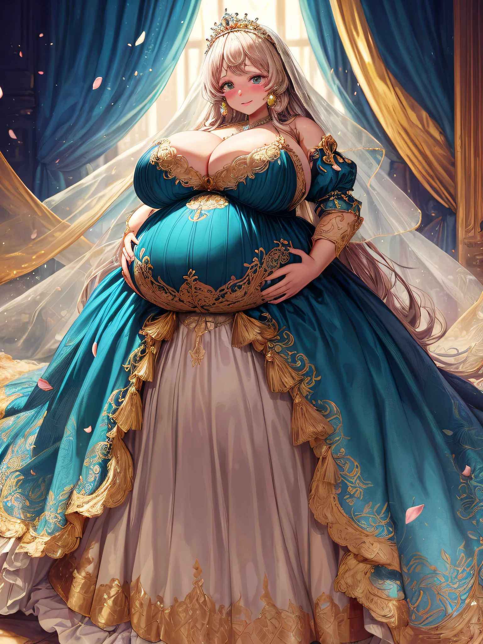 (masterpiece, best quality,extremely detailed:1.1),(moe anime art style:1.2),1girl,((full body,focus face)),((solo)), cute, kawaii,digital art,((1 bling-bling pregnant princess wearing beautiful embroidery and jeweled gorgeous princess rococo ballgown with voluminous full length hoop skirt)),(((heavily pregnant,very big pregnant belly))),((crinoline)),long train,voluminous frills,(gorgeous embroidery and beautiful lace),((very gigantic boobs,skindentation)),cleavage,shiny hair,(((very long hair,large amount of straight hair))),((embarrassed,cry)),((finely detailed face and eyes)),clear pupil,extremely gorgeousfull hair ornament,(bling-bling jeweled extremely gorgeousfull tiara),(bling-bling gorgeous gemstone jewelry),long veil,beautiful background,fantasy background,flowers,flower petals flowing,full body,((beautiful embroidery and jeweled ruffled gorgeous princess rococo ballgown with voluminous full length hoop skirt))