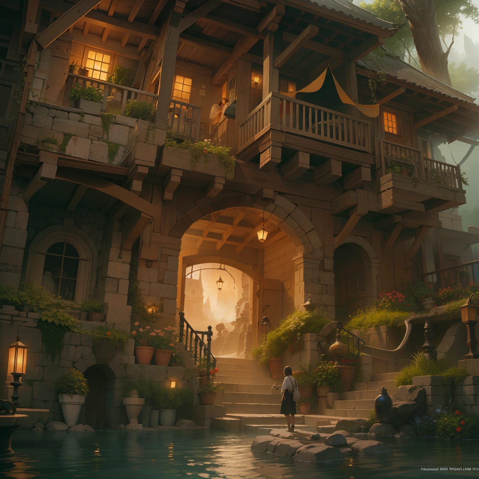 Un hogar humano medieval, recargado, Beautiful, ambiance, Ambiente, niebla, humo, chimenea, lluvia, Pozo, Wet, pristine, Charcos, cascada, Flujo claro, puente, naranja, verde, VITRAL, bosque, flores, Concept art illustration, Color page, 4 mil, Mapeo de tonos, dollface, Akihiko Yoshida, James Jean, andrei riabovitchev, Marc Simonetti, Yoshitaka Amano, Digital illustration, Greg Rutowski, volumetric illumination, rayos, particuls, Rembrandt