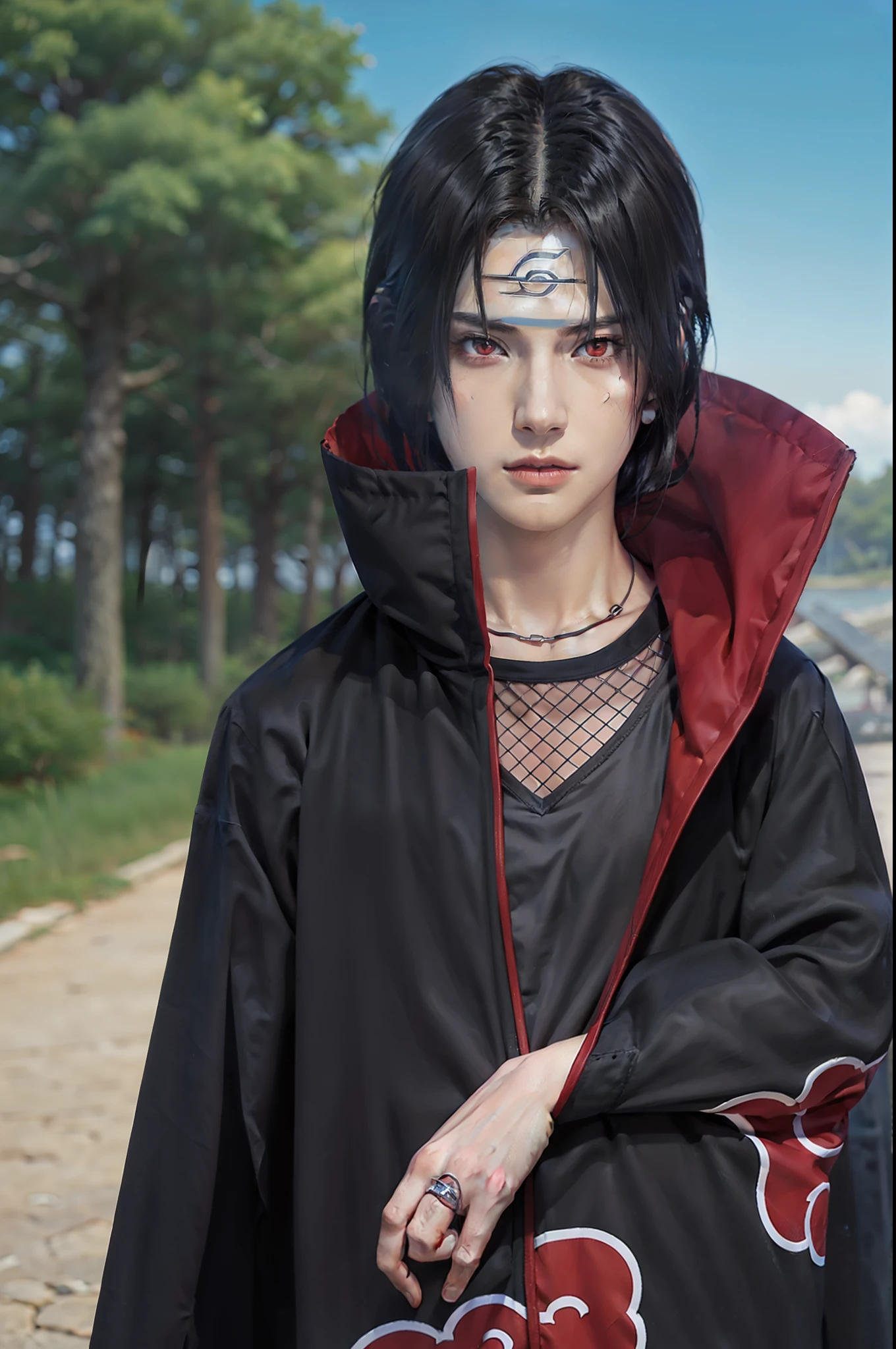 1man, uchiha itachi in anime naruto, long hair , black hair, red eyes, handsome, grey clothes, realistic clothes, detail clothes, outdoor background, ultra detail, realistic